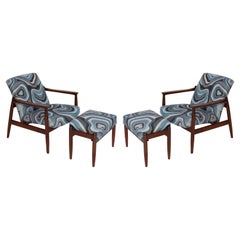 Set of Blue Linen Mid Century GFM64 Armchairs and Stools , E Homa, Europe, 1960s