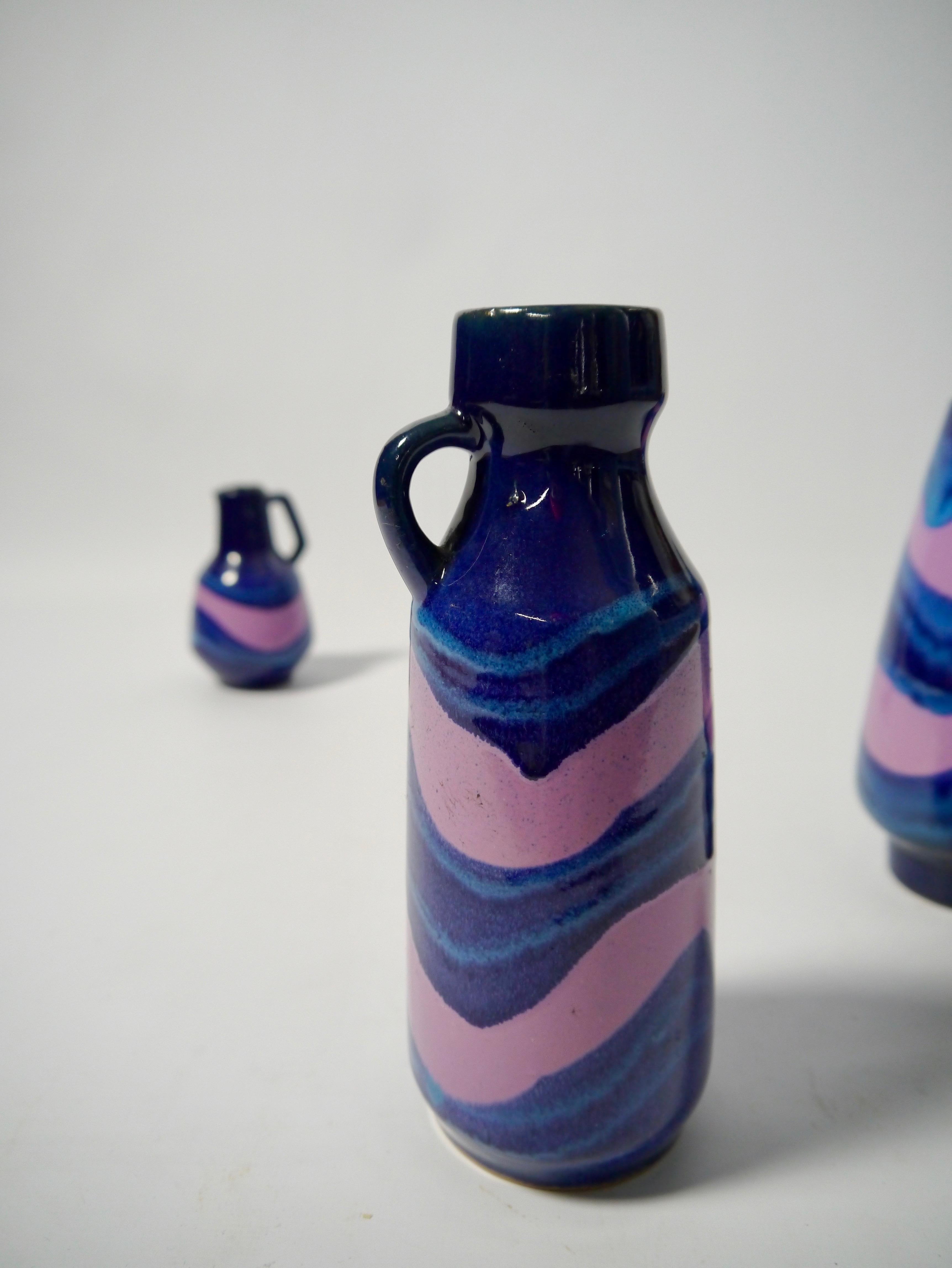 Glazed Set of Blue and Soft Pink Ceramic Vases by Strehla, East Germany, 1970s For Sale