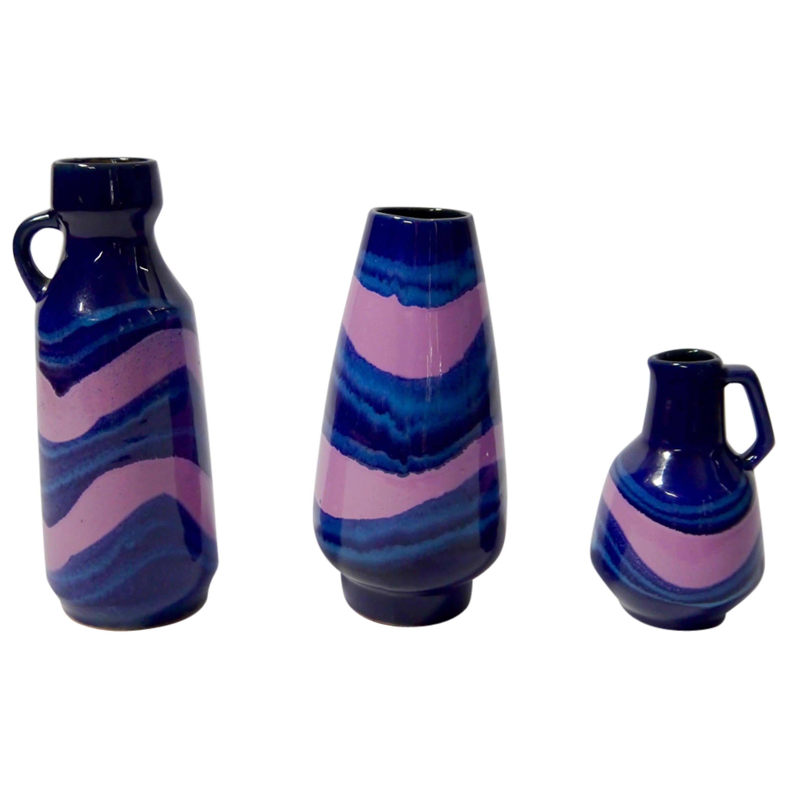Ensemble de vases en céramique bleu et rose doux de Strehla, Allemagne de l'Est, 1970