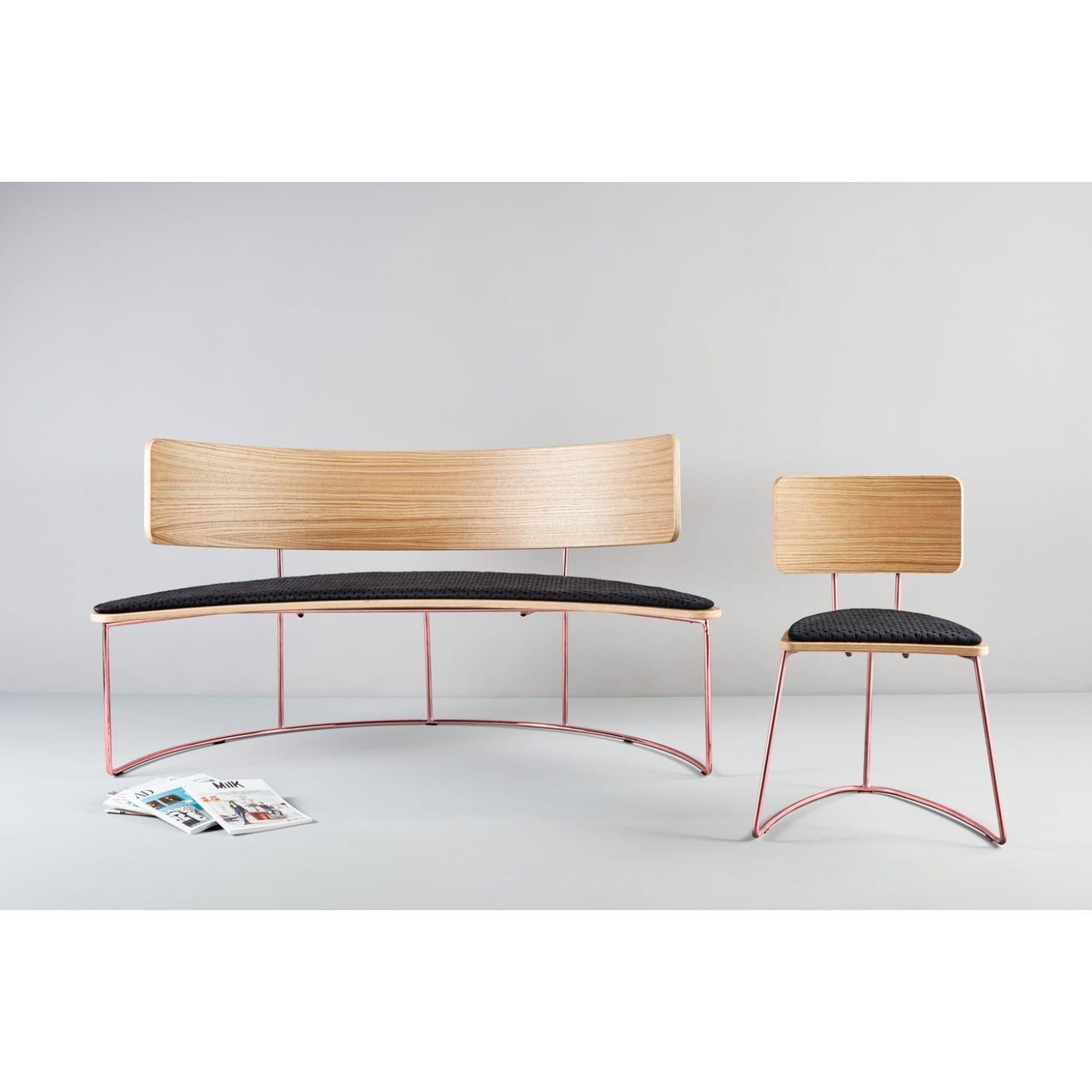 Set of boomerang bench & chair, black by Pepe Albargues
Dimensions: W152, D72, H79, Seat 43 (Bench)
W54, D54, H76, Seat 46 (Chair)
Materials: Paint coated iron structure / gold / copper or chromed iron structure
Plywood backrest and seat covered