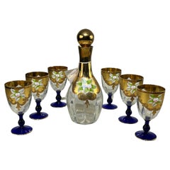 Ensemble de bouteilles et six verres en verre de Murano peint à la main et or 24 carats, années 1970