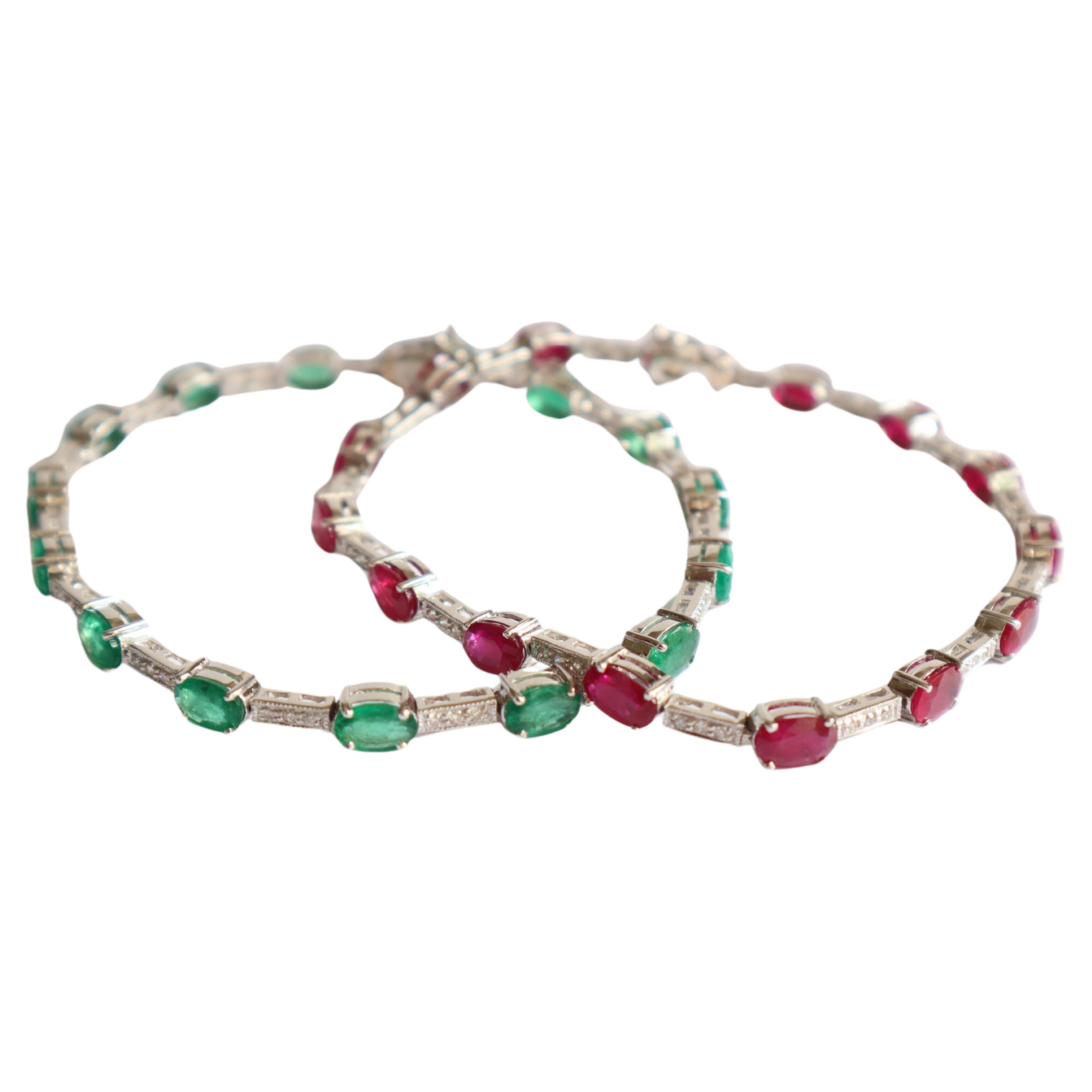 Set of Bracelets in 18k White Gold, Rubies 10.04 kt Emeralds 7.5 kt Diamonds