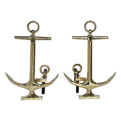 Vintage Set of Brass Anchor Form Andirons in the Style of Puritan