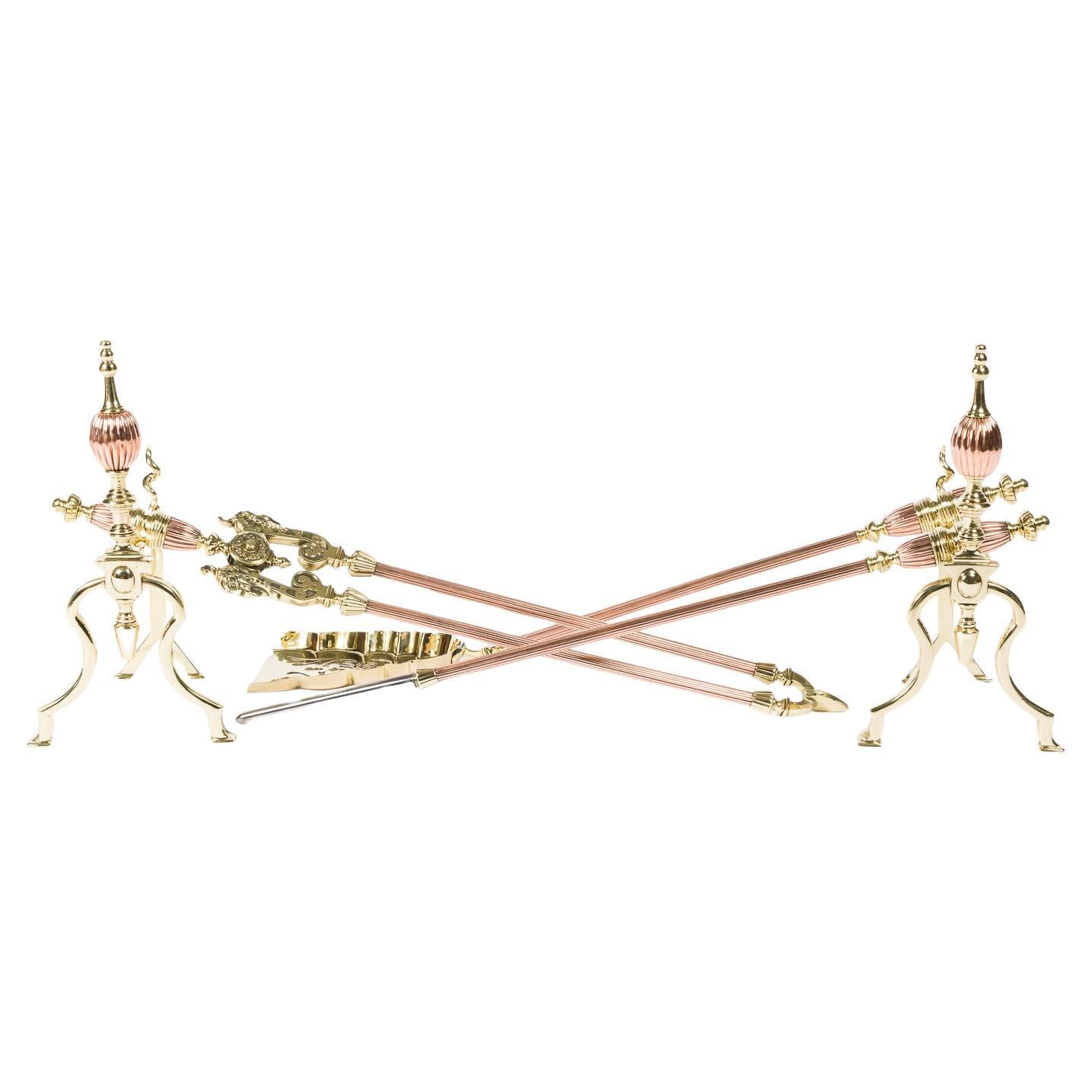 Ensemble de chiens de feu en laiton et cuivre avec outils de feu assortis