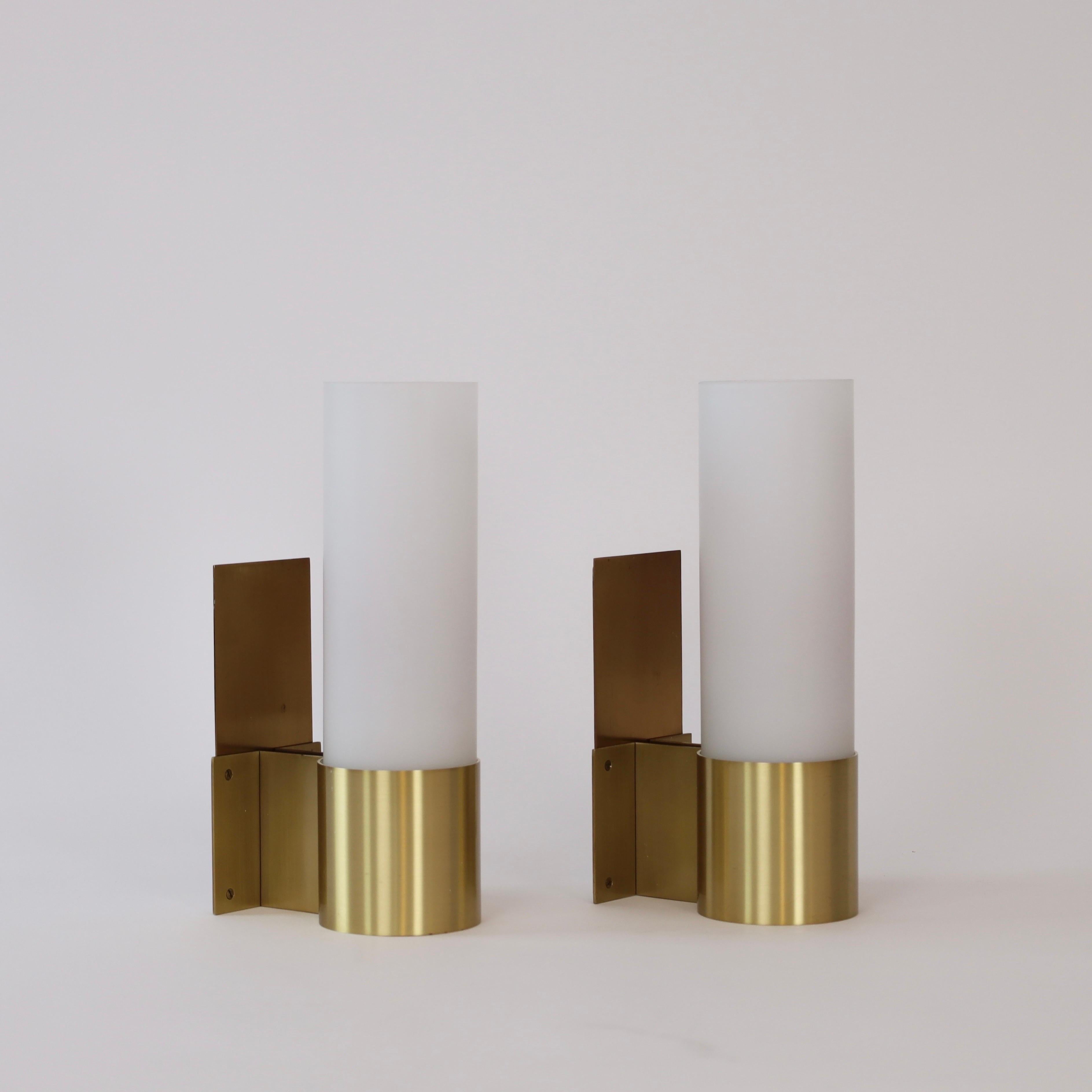 Mid-20th Century Set of Brass and Opaline sconces by Jørgen Bo for Fog & Morup, 1960s, Denmark For Sale