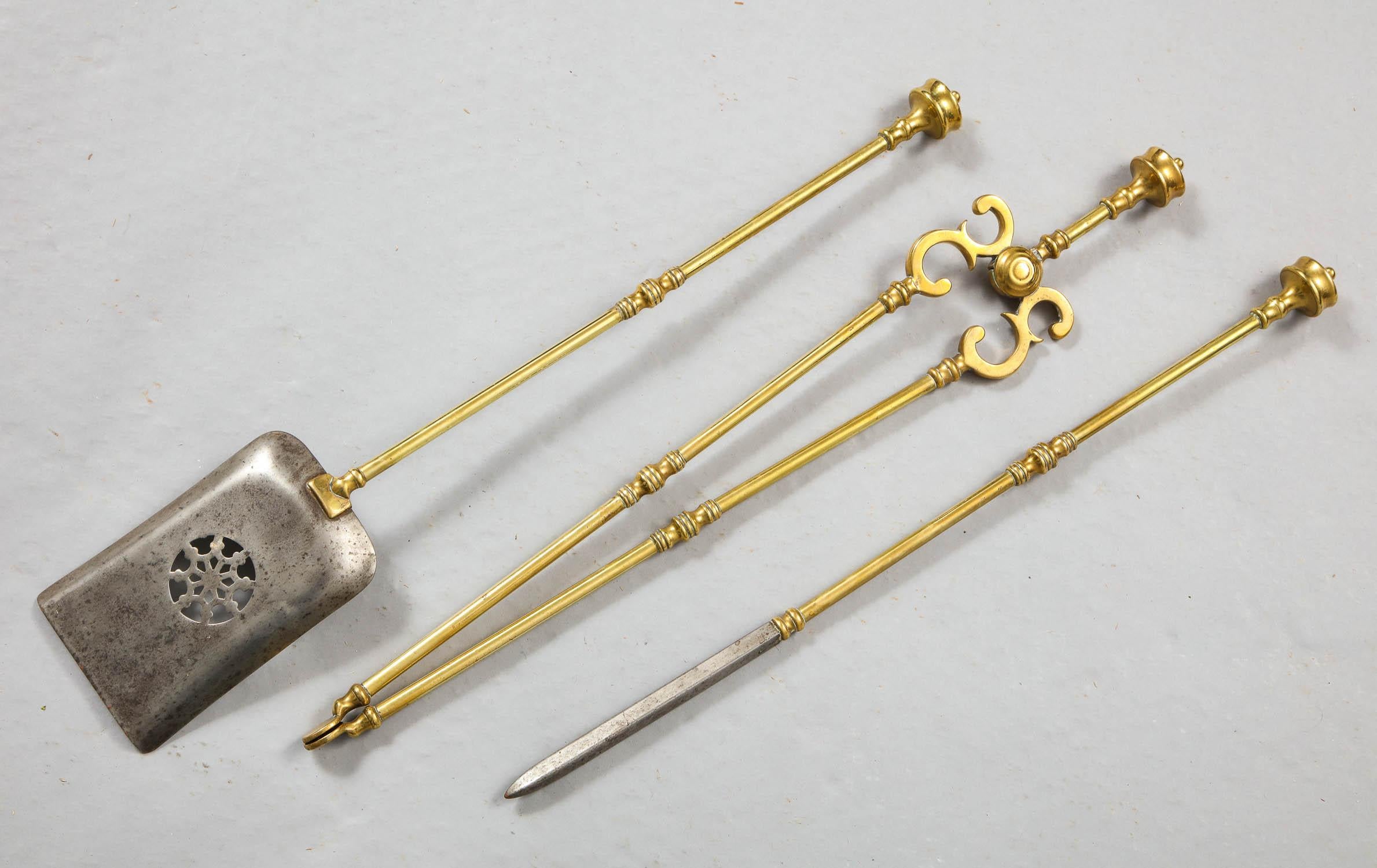 19th Century Set of Brass and Steel Fire Tools