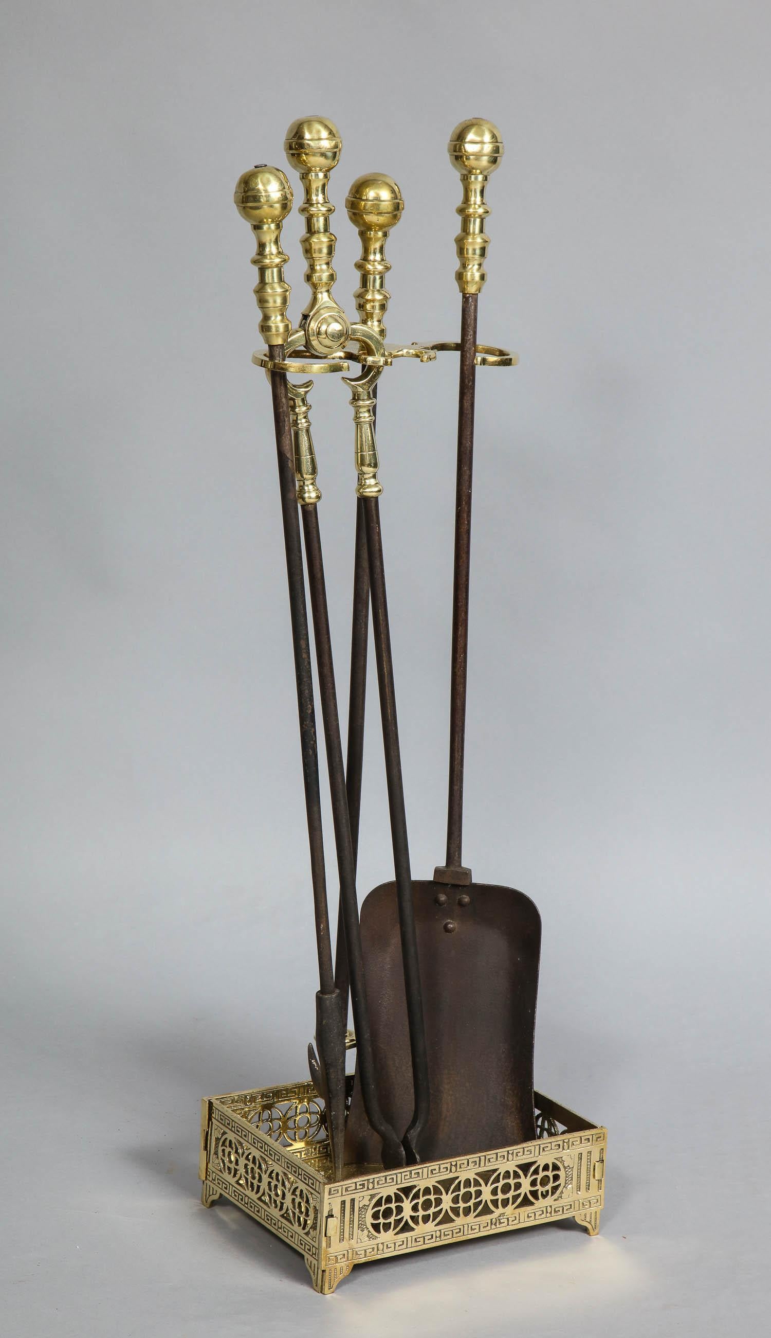 Georgian Set of Brass and Wrought Iron Fire Tools and Stand