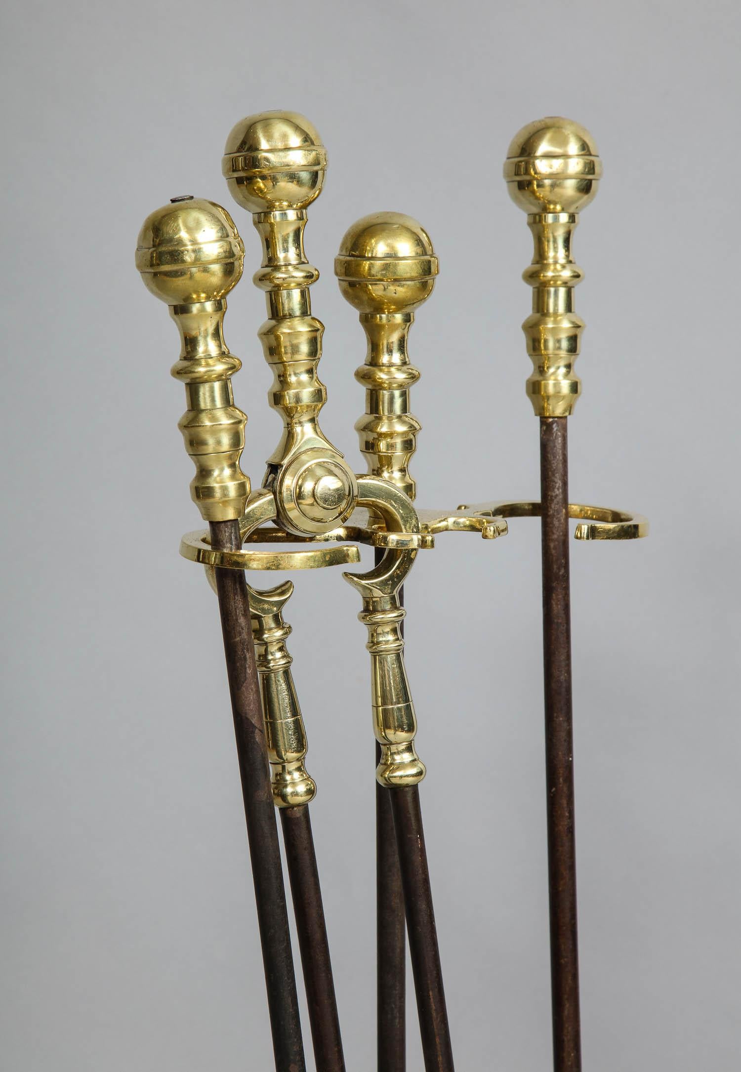 Set of Brass and Wrought Iron Fire Tools and Stand In Excellent Condition In Greenwich, CT