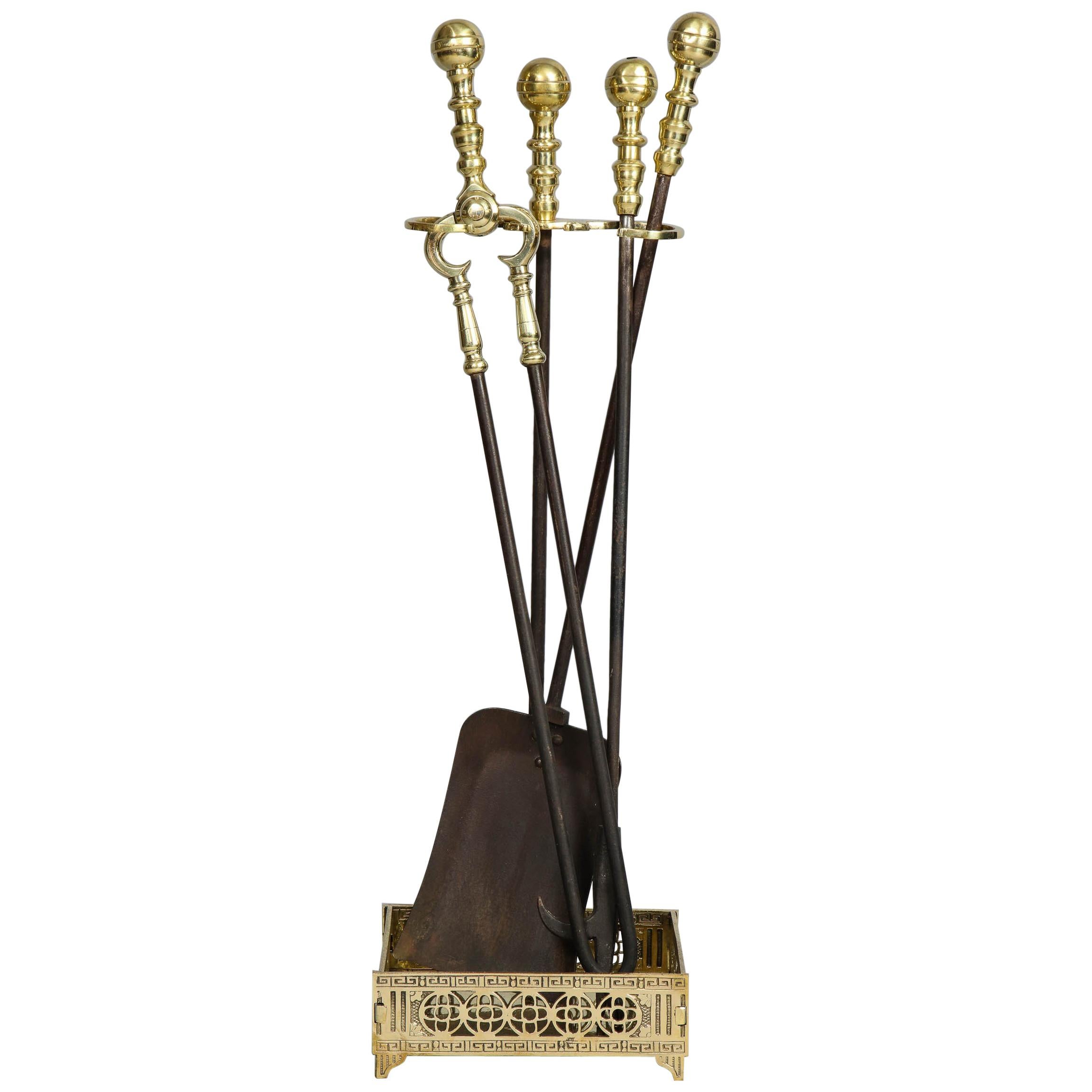 Set of Brass and Wrought Iron Fire Tools and Stand