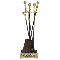 Set of Brass and Wrought Iron Fire Tools and Stand
