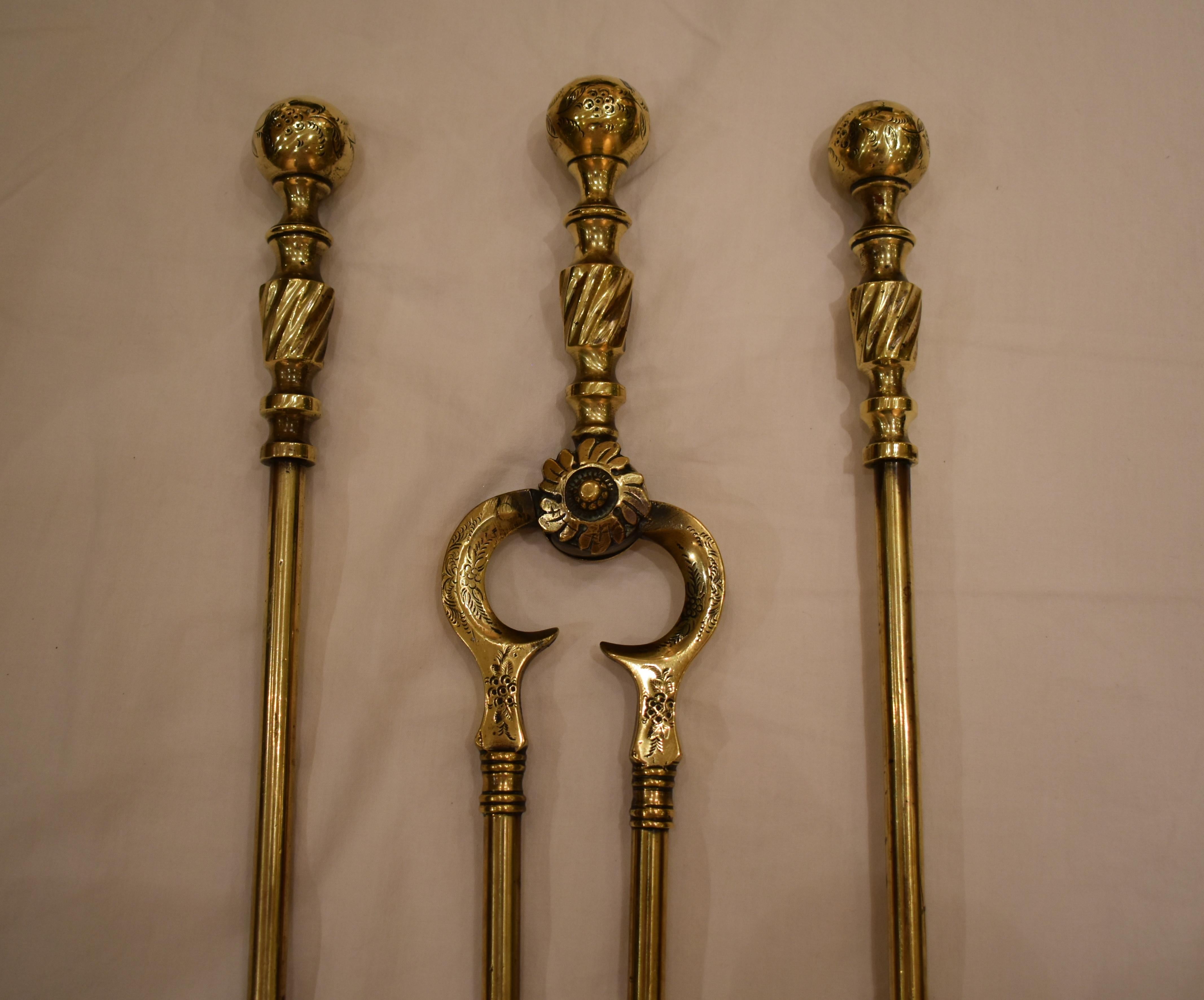 19th Century Set of Brass Fire Tools