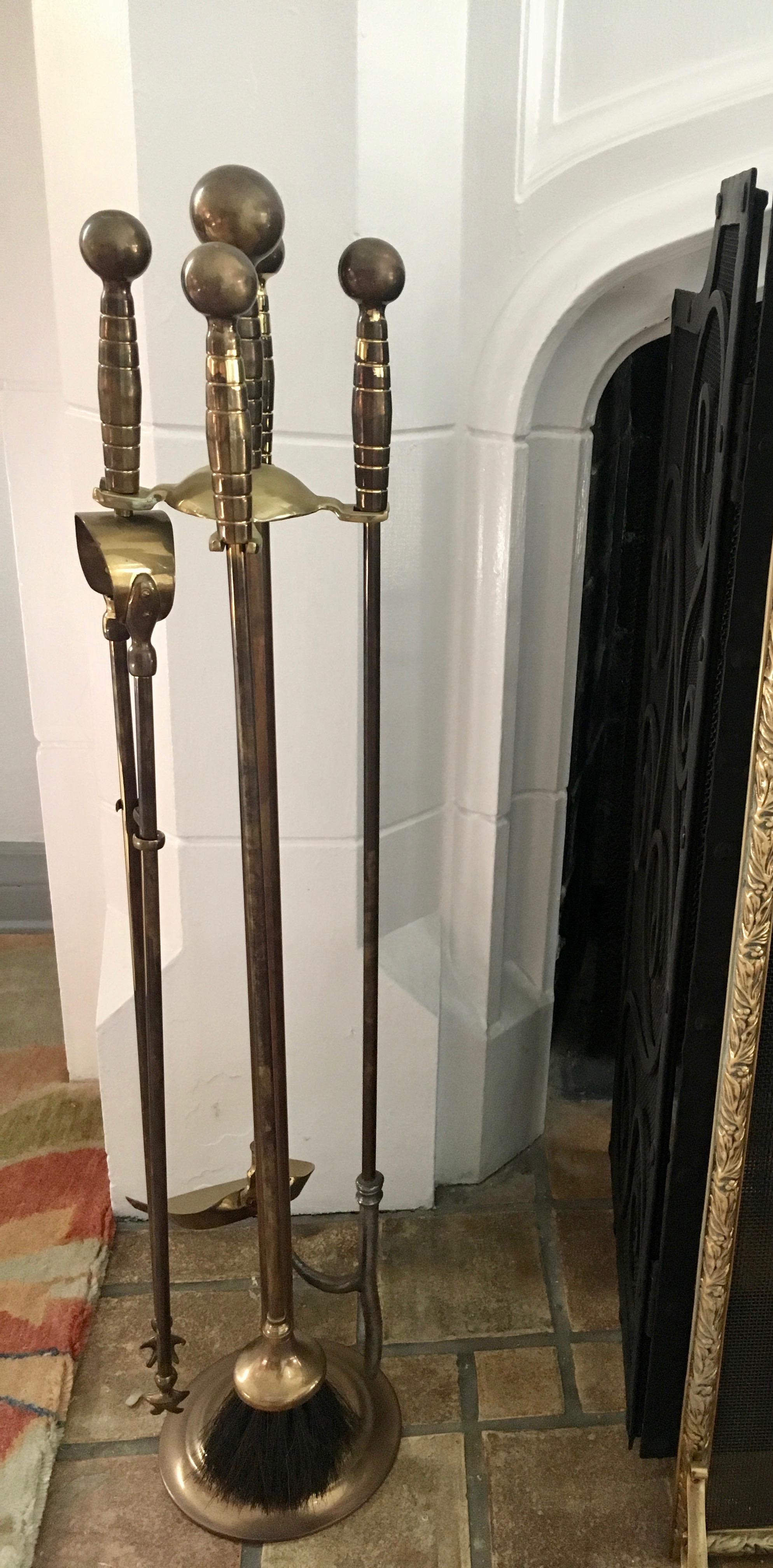 Set of Brass Fireplace Tools on Stand 12