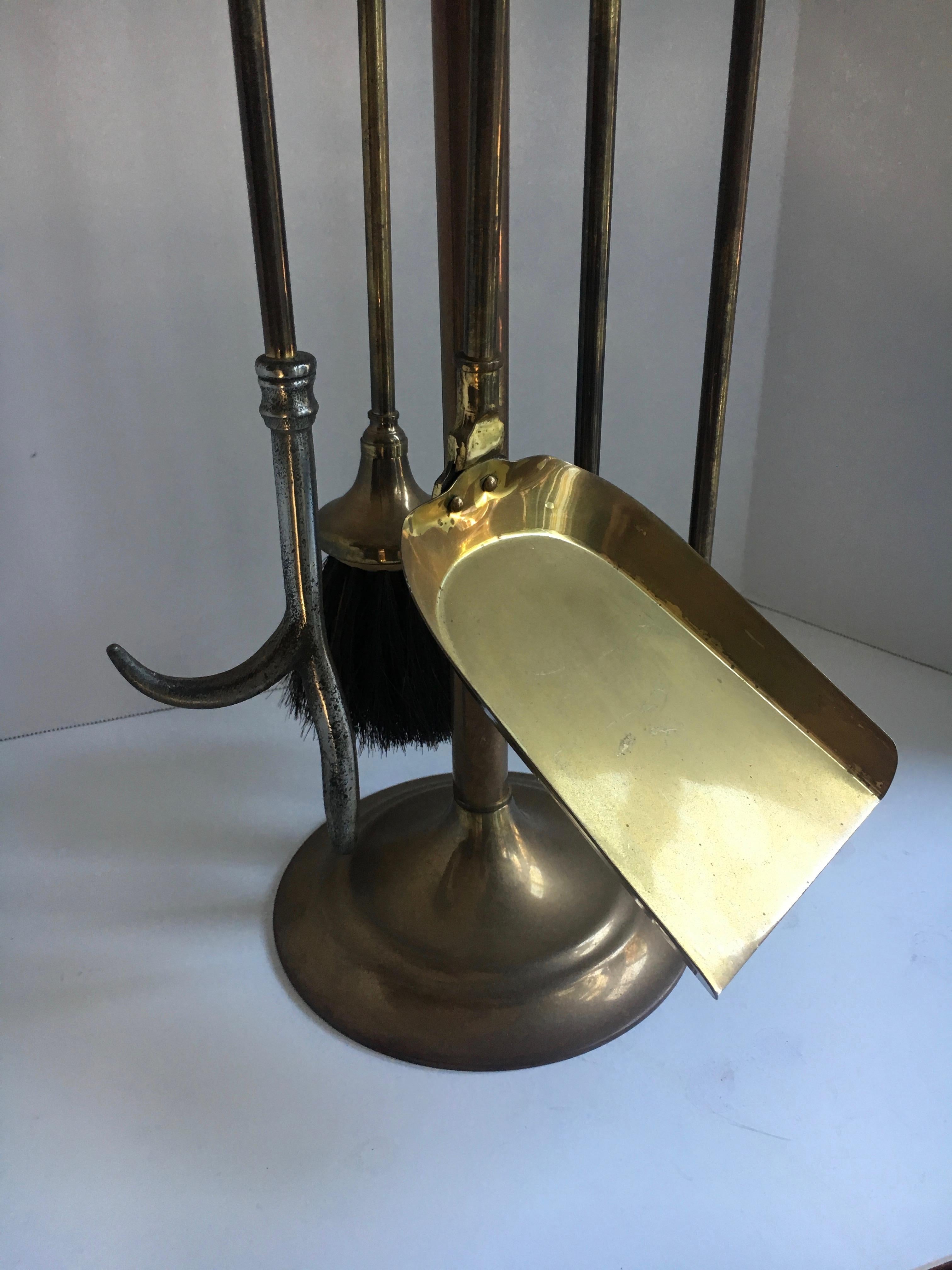 20th Century Set of Brass Fireplace Tools on Stand
