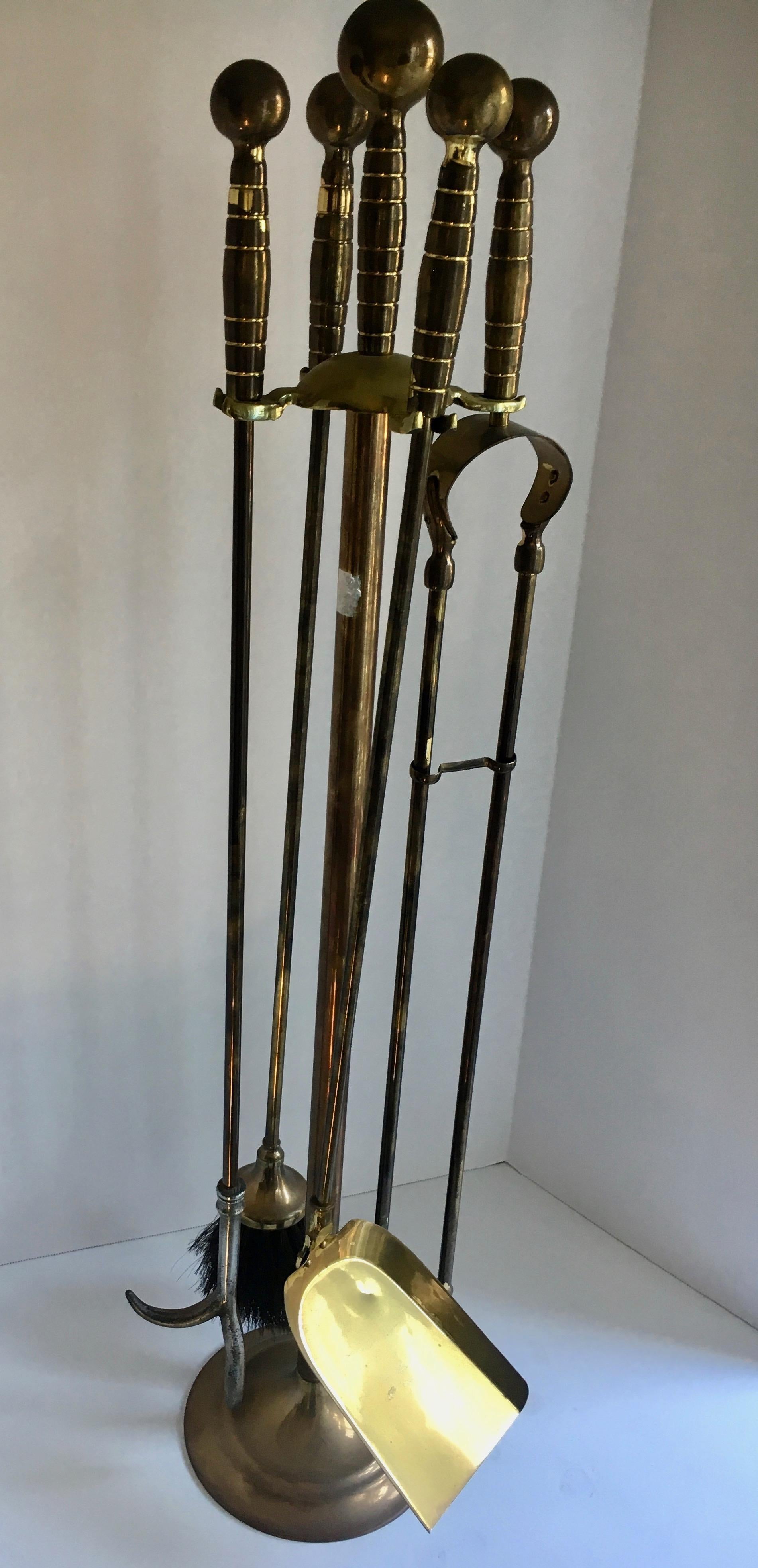 Set of Brass Fireplace Tools on Stand 1