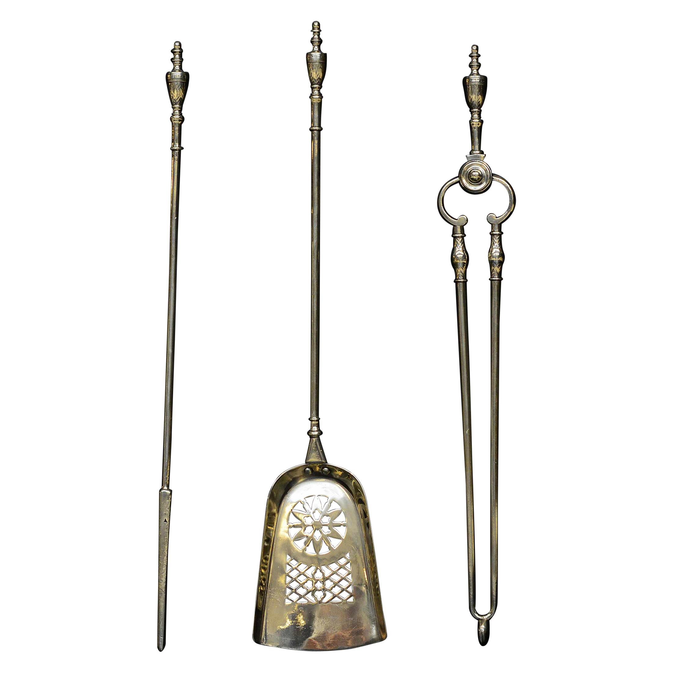 Set of Brass Firetools with Pierced Shovel For Sale