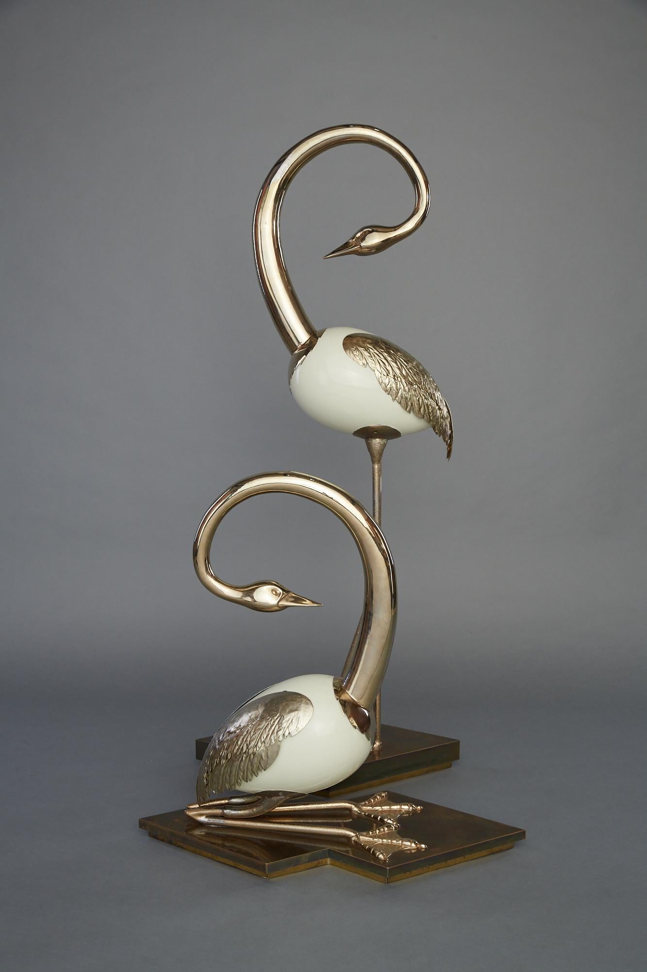 Set of brass flamingo / crane sculptures by Antonio Pavia. Standing flamingo is 59
