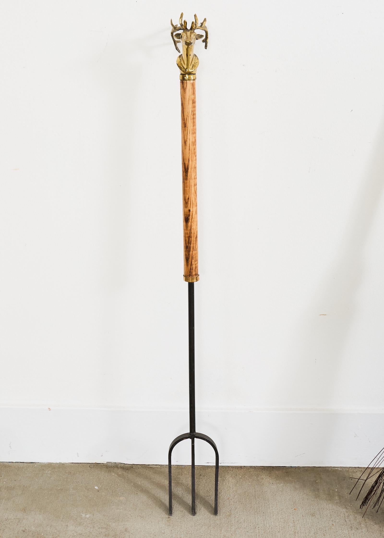 Set of Brass Iron and Oak Deer Head Fireplace Tools 4