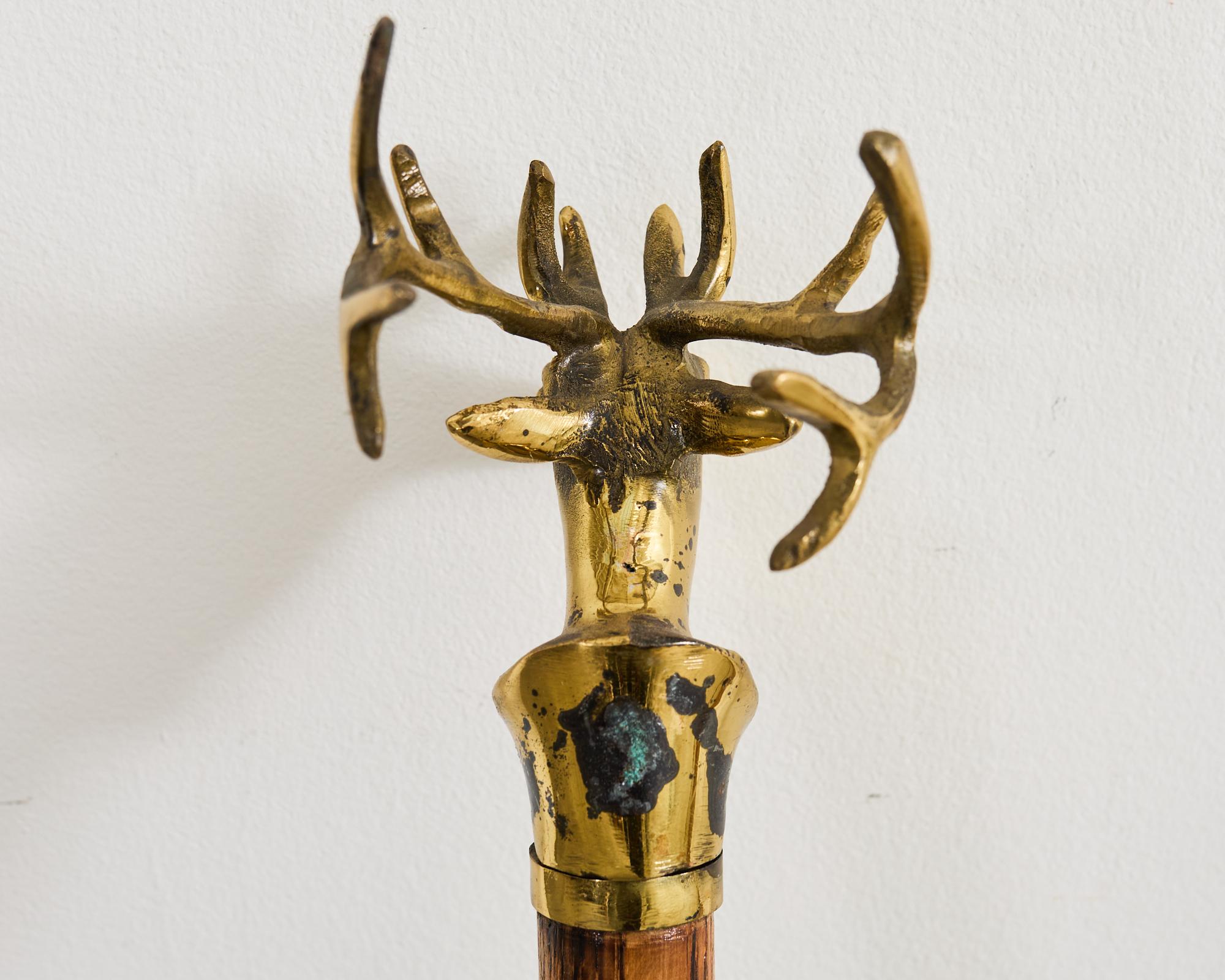 Set of Brass Iron and Oak Deer Head Fireplace Tools 12