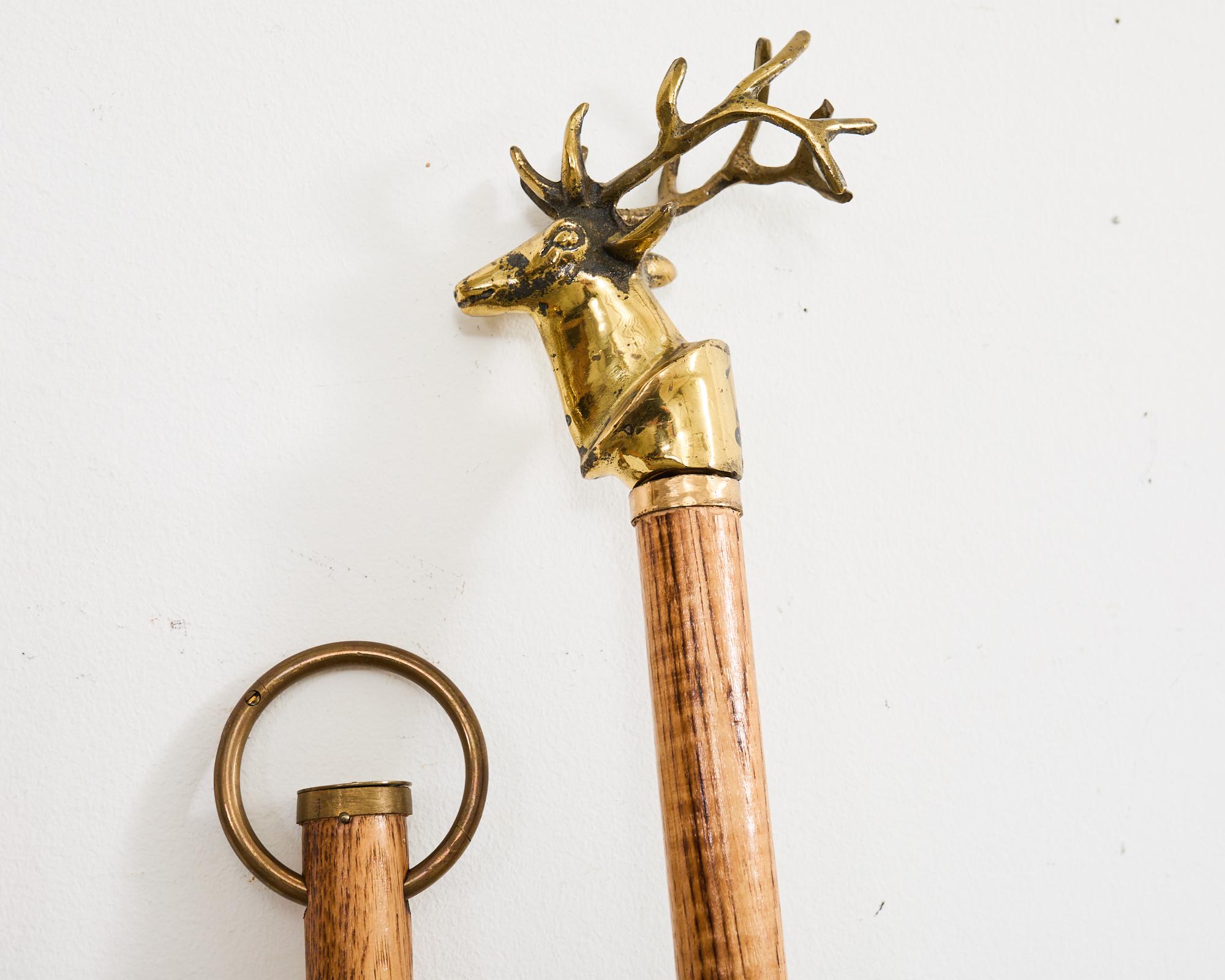 Set of Brass Iron and Oak Deer Head Fireplace Tools In Distressed Condition In Rio Vista, CA