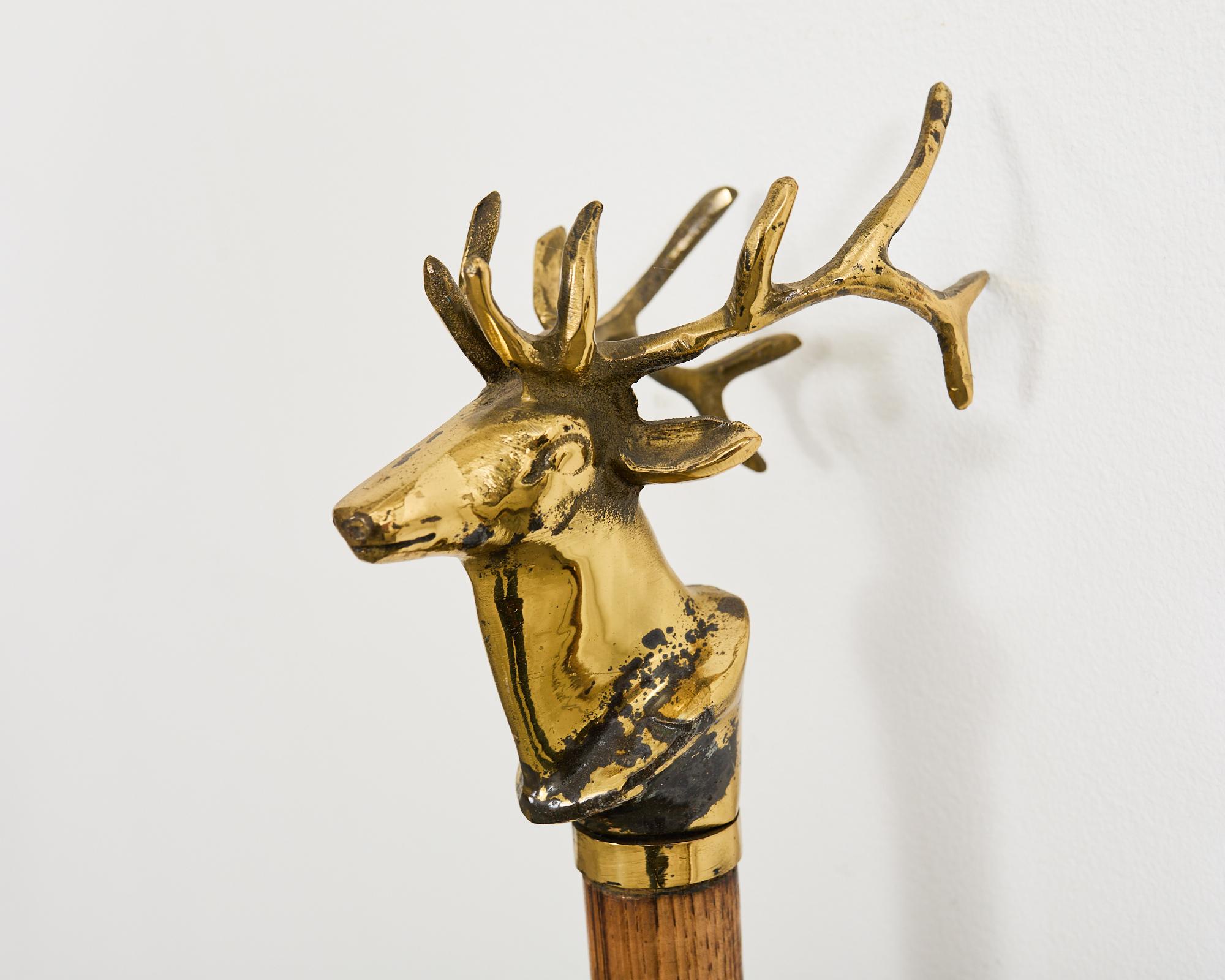 20th Century Set of Brass Iron and Oak Deer Head Fireplace Tools