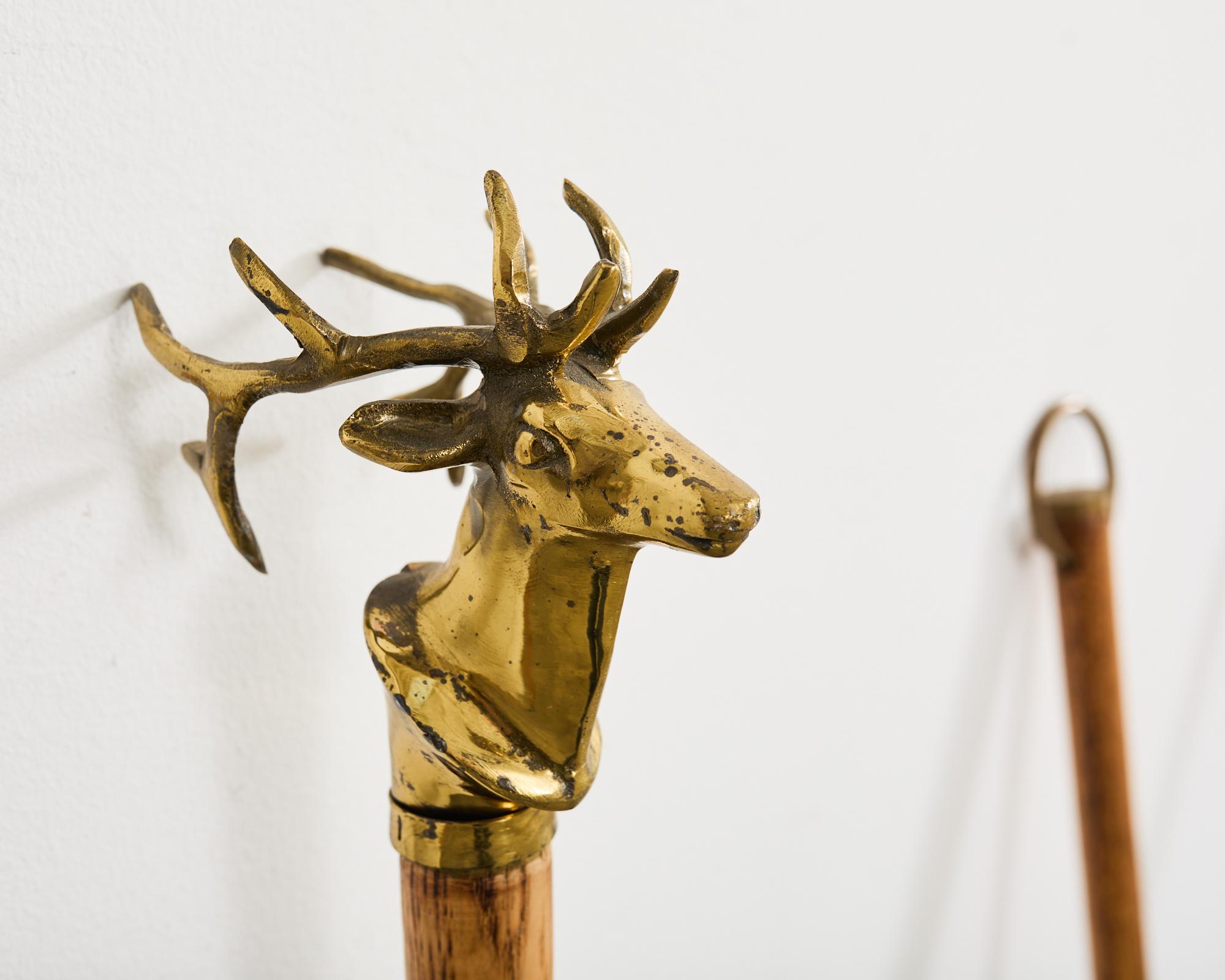 Set of Brass Iron and Oak Deer Head Fireplace Tools 1