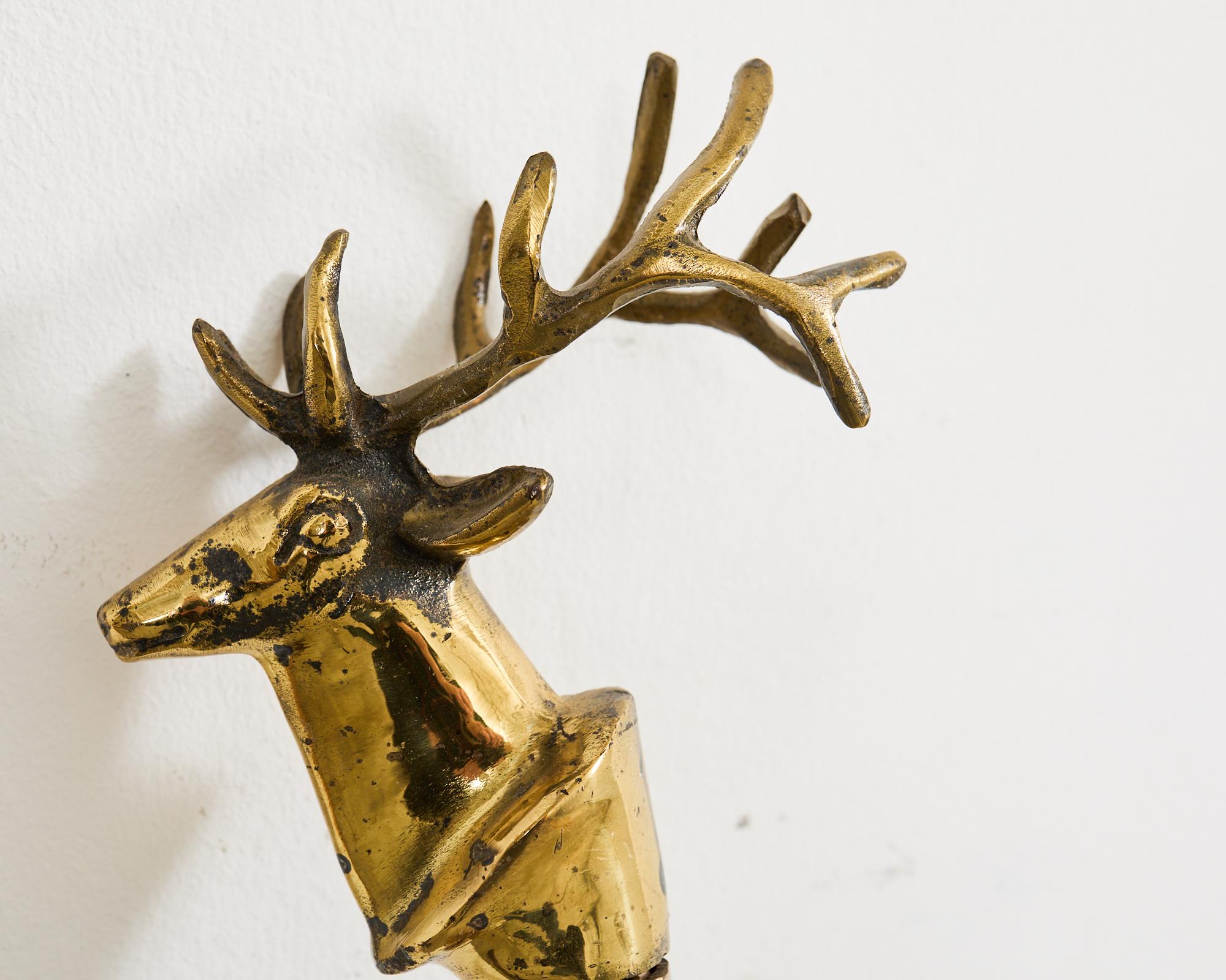 Set of Brass Iron and Oak Deer Head Fireplace Tools 2