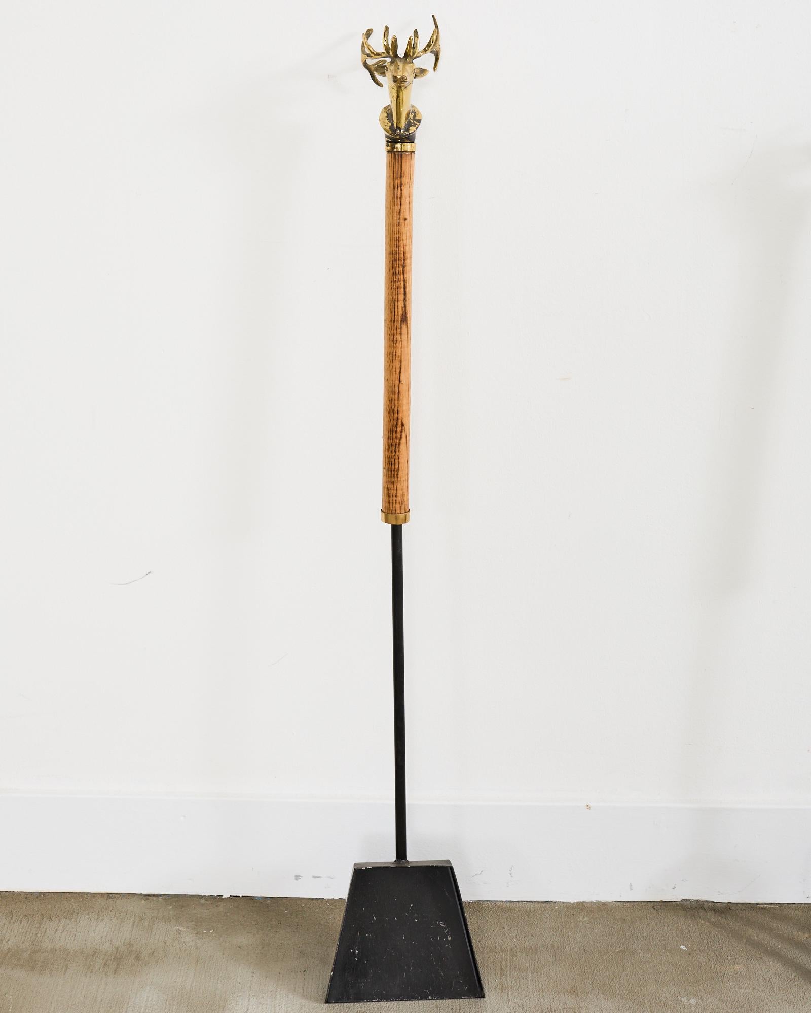 Set of Brass Iron and Oak Deer Head Fireplace Tools 3
