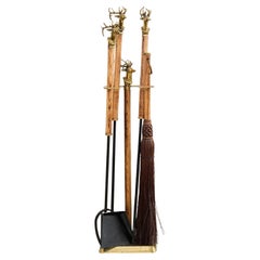 Set of Brass Iron and Oak Deer Head Fireplace Tools