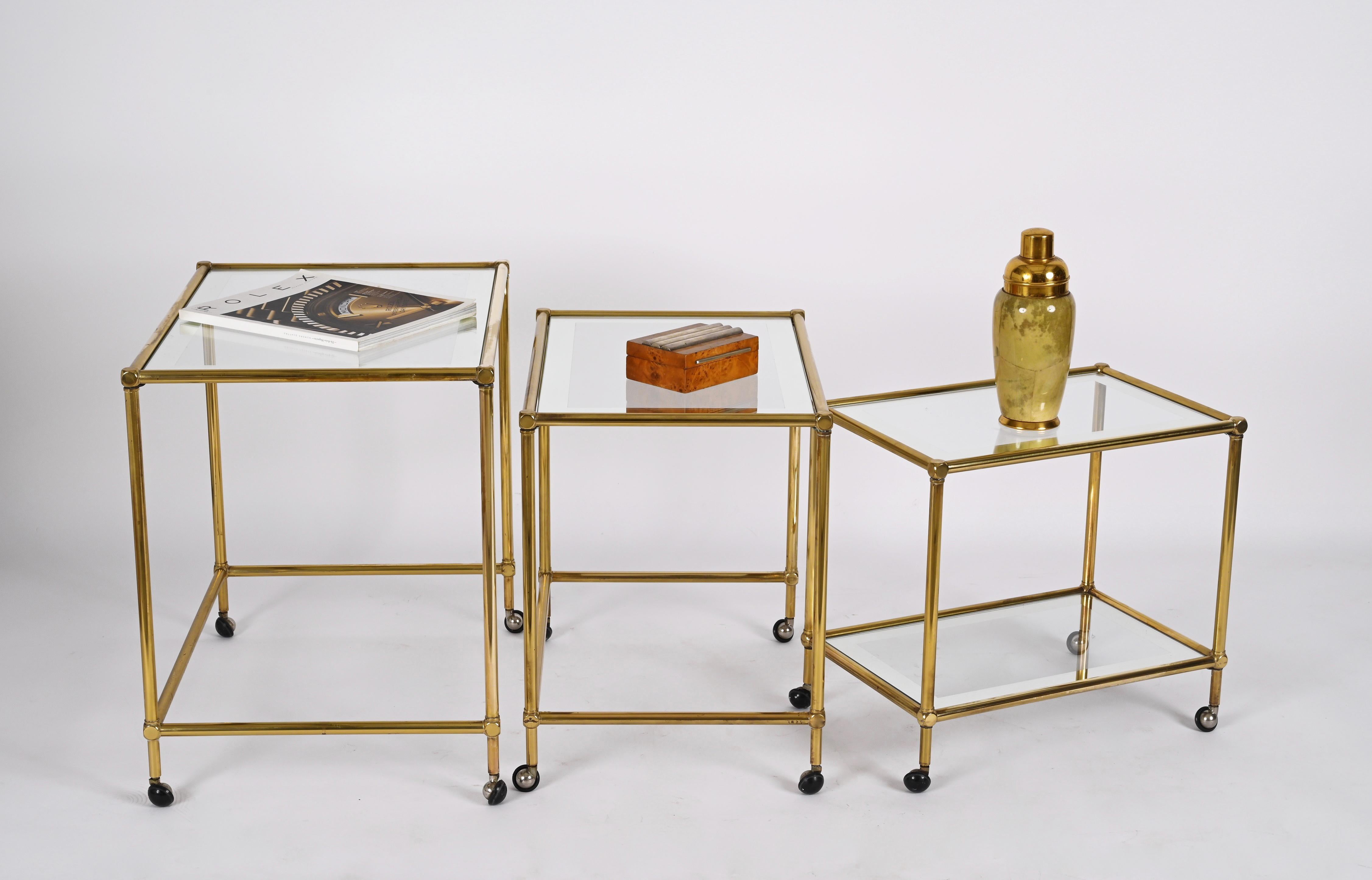 Set of Brass Mirrored Border with Glass Top Nesting Tables, Maison Jansen, 1970s For Sale 4