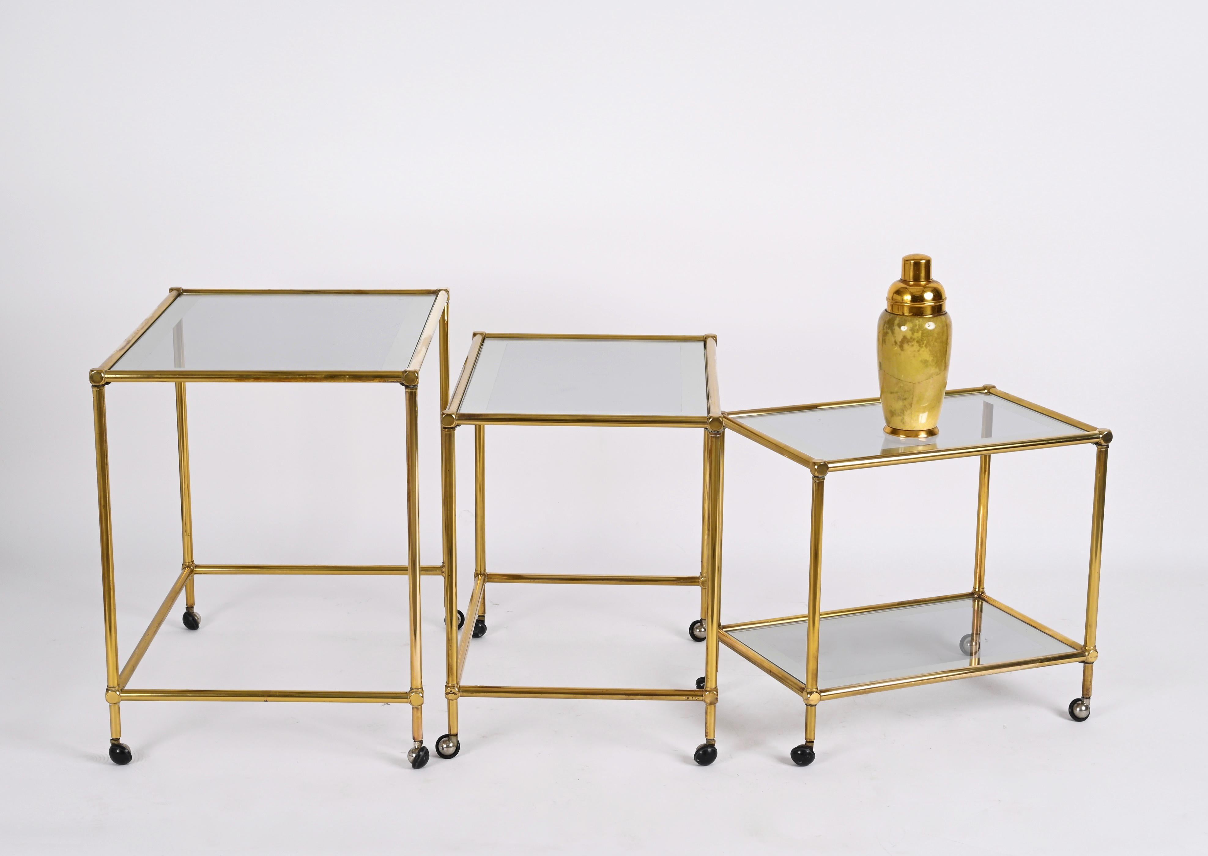 Set of Brass Mirrored Border with Glass Top Nesting Tables, Maison Jansen, 1970s For Sale 5