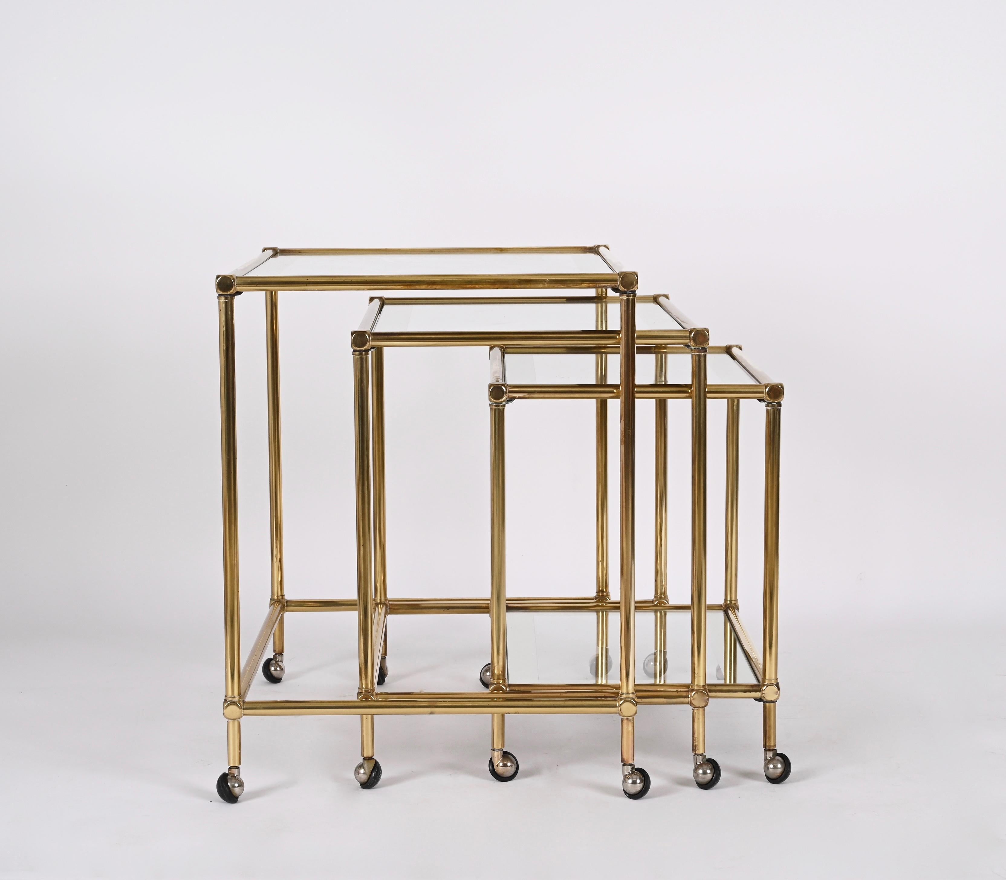 Set of Brass Mirrored Border with Glass Top Nesting Tables, Maison Jansen, 1970s For Sale 6