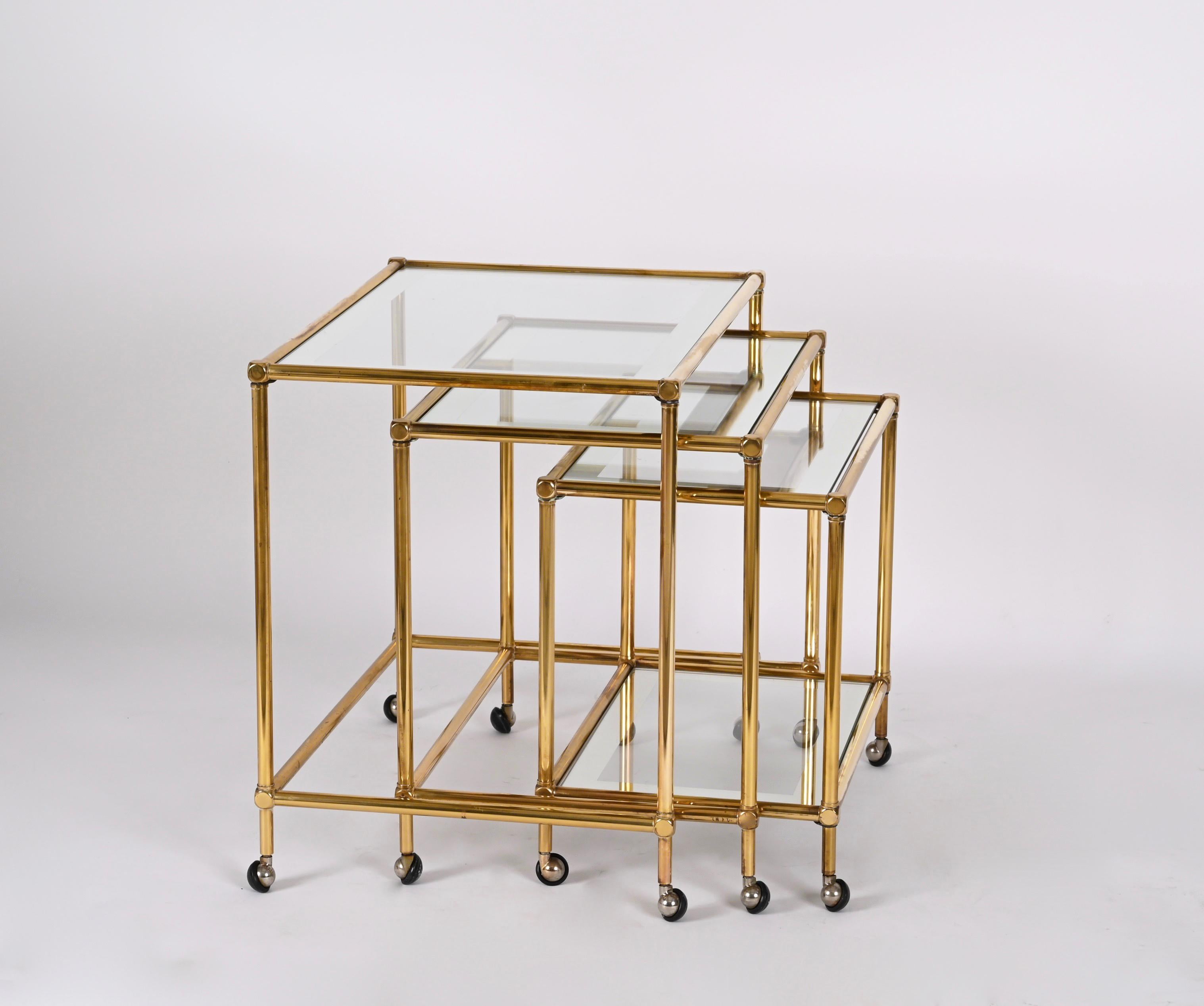 Set of Brass Mirrored Border with Glass Top Nesting Tables, Maison Jansen, 1970s For Sale 7