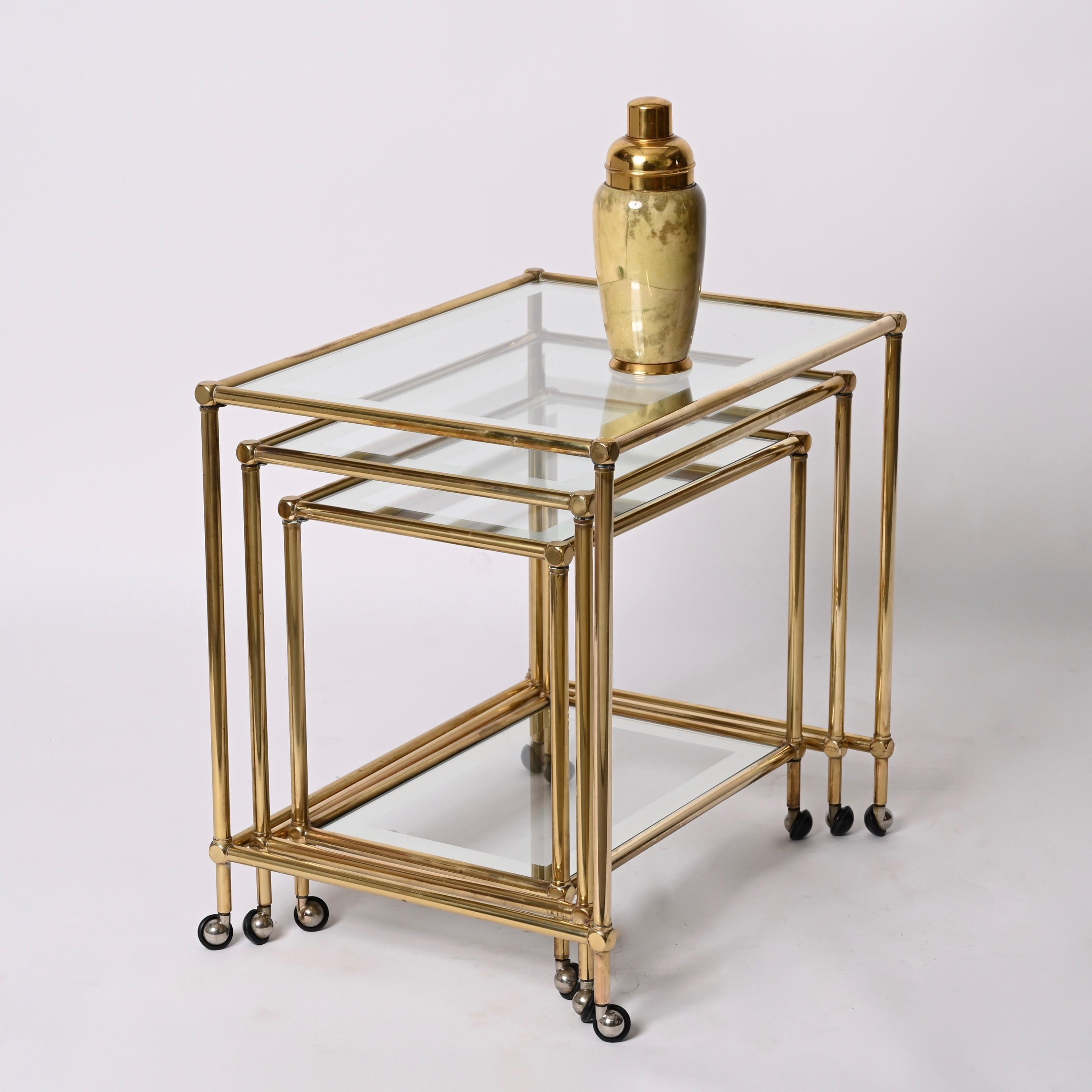 Set of Brass Mirrored Border with Glass Top Nesting Tables, Maison Jansen, 1970s For Sale 9