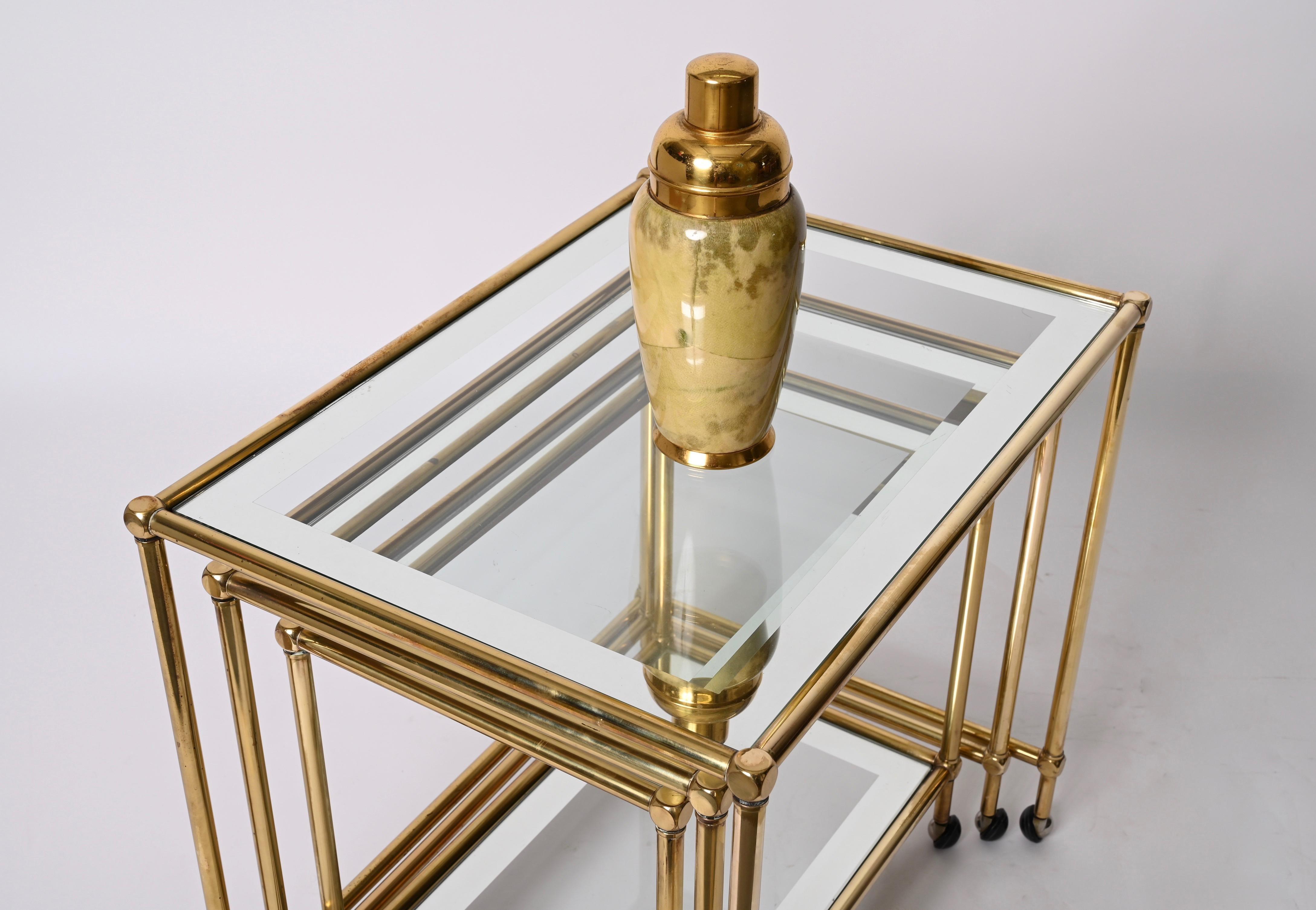 Set of Brass Mirrored Border with Glass Top Nesting Tables, Maison Jansen, 1970s For Sale 11