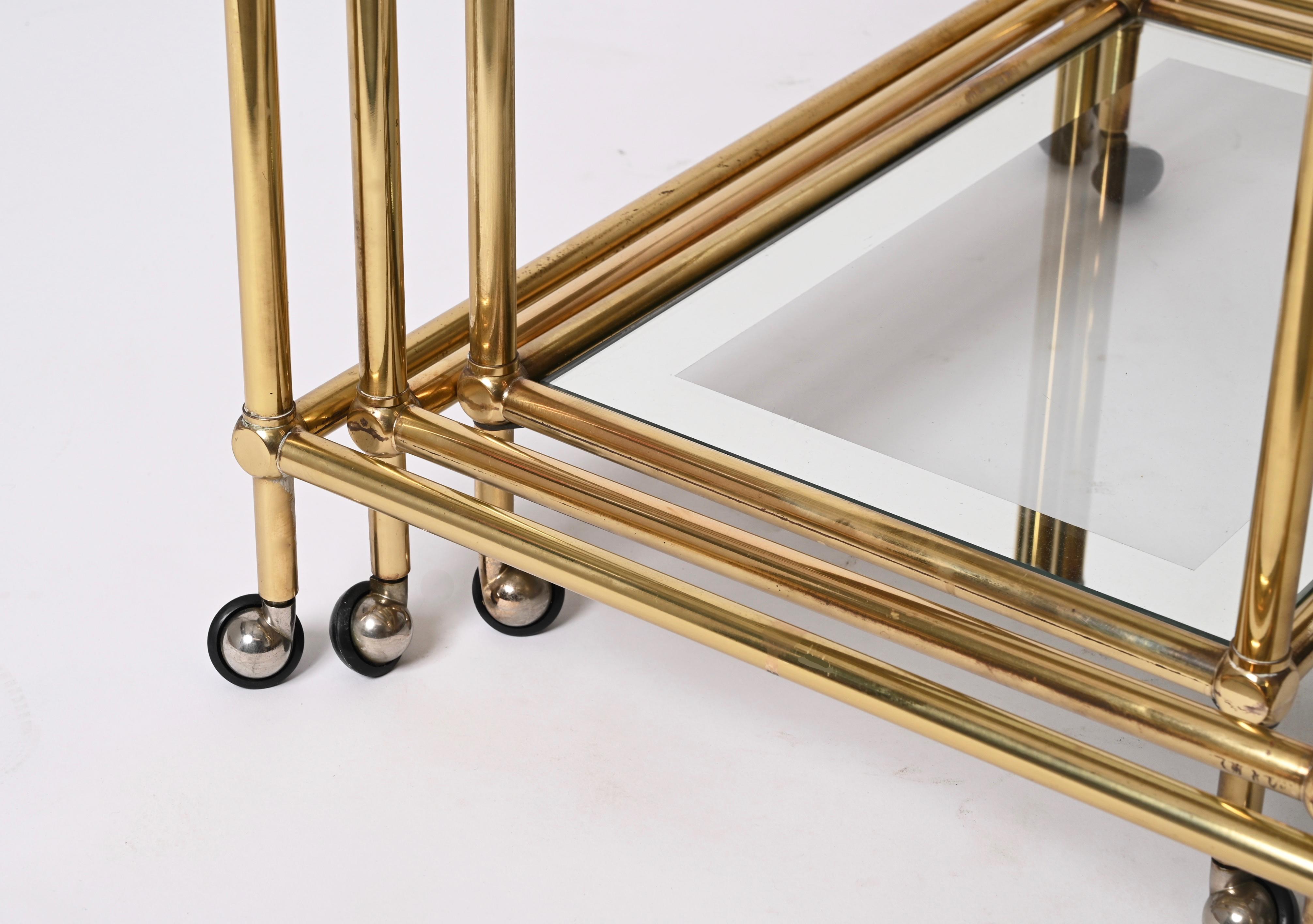 Set of Brass Mirrored Border with Glass Top Nesting Tables, Maison Jansen, 1970s For Sale 13