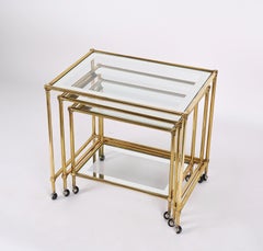 Set of Brass Mirrored Border with Glass Top Nesting Tables, Maison Jansen, 1970s