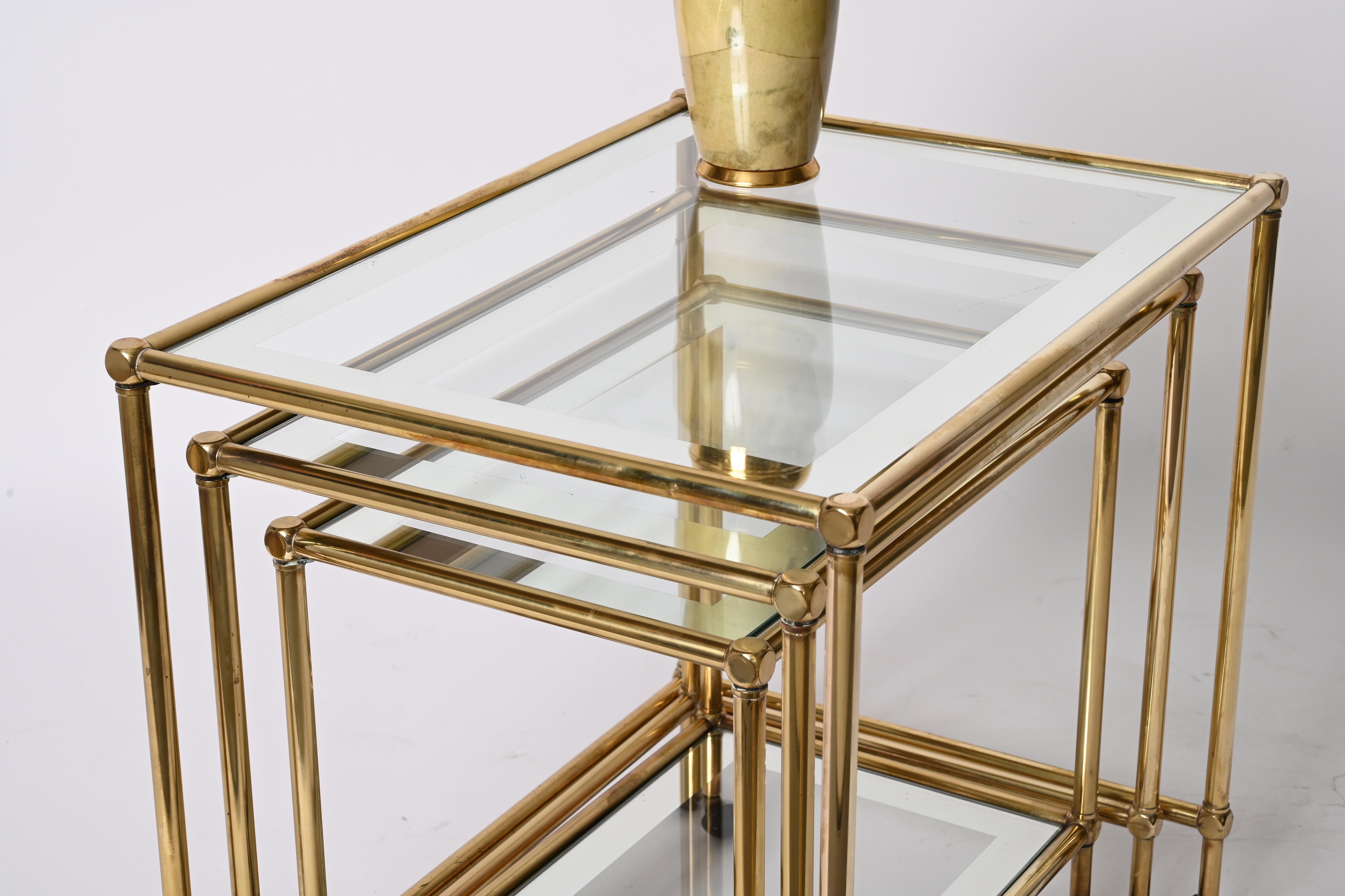 Set of Brass Mirrored Border with Glass Top Nesting Tables, Maison Jansen, 1970s For Sale 14