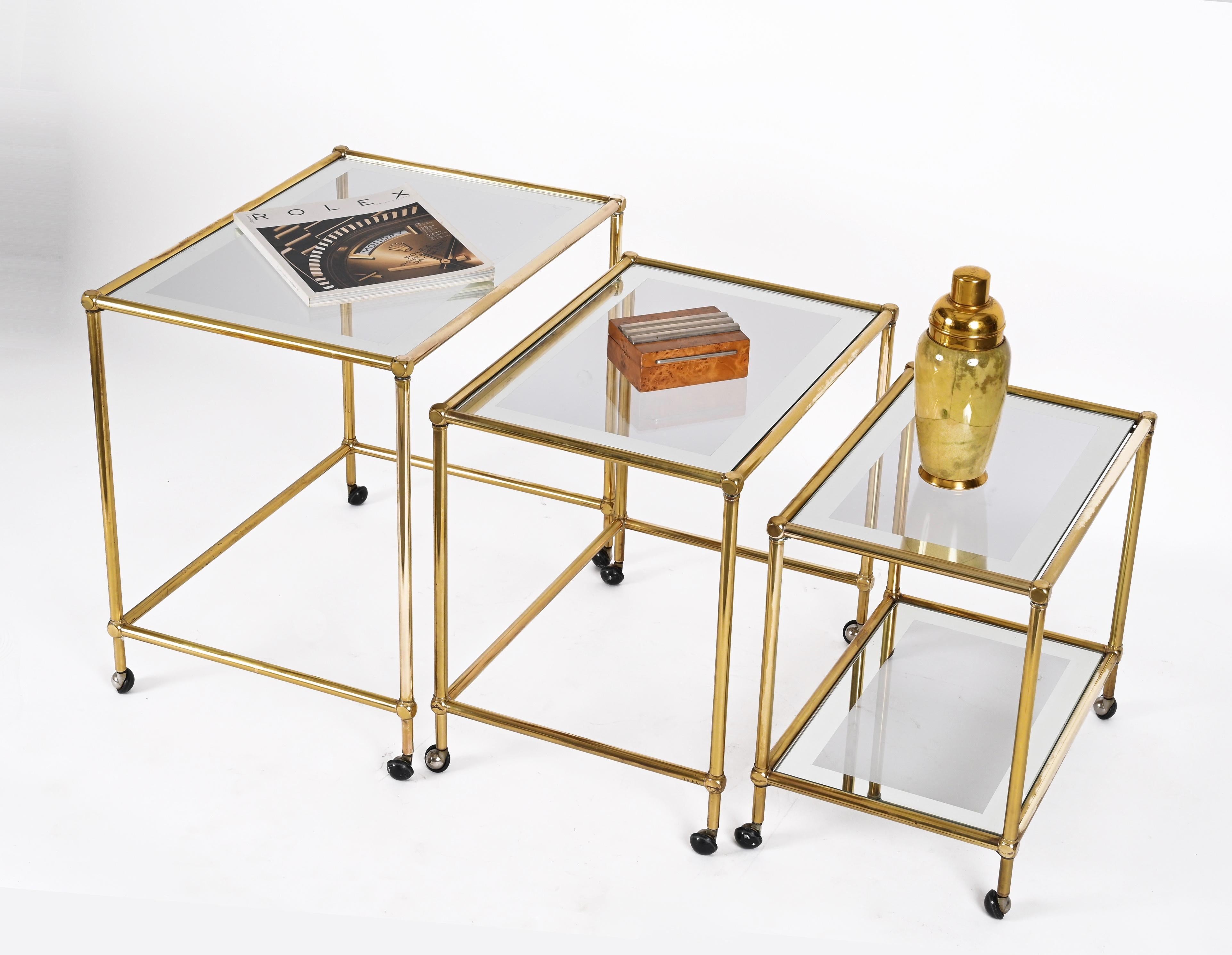 Set of Brass Mirrored Border with Glass Top Nesting Tables, Maison Jansen, 1970s For Sale 1