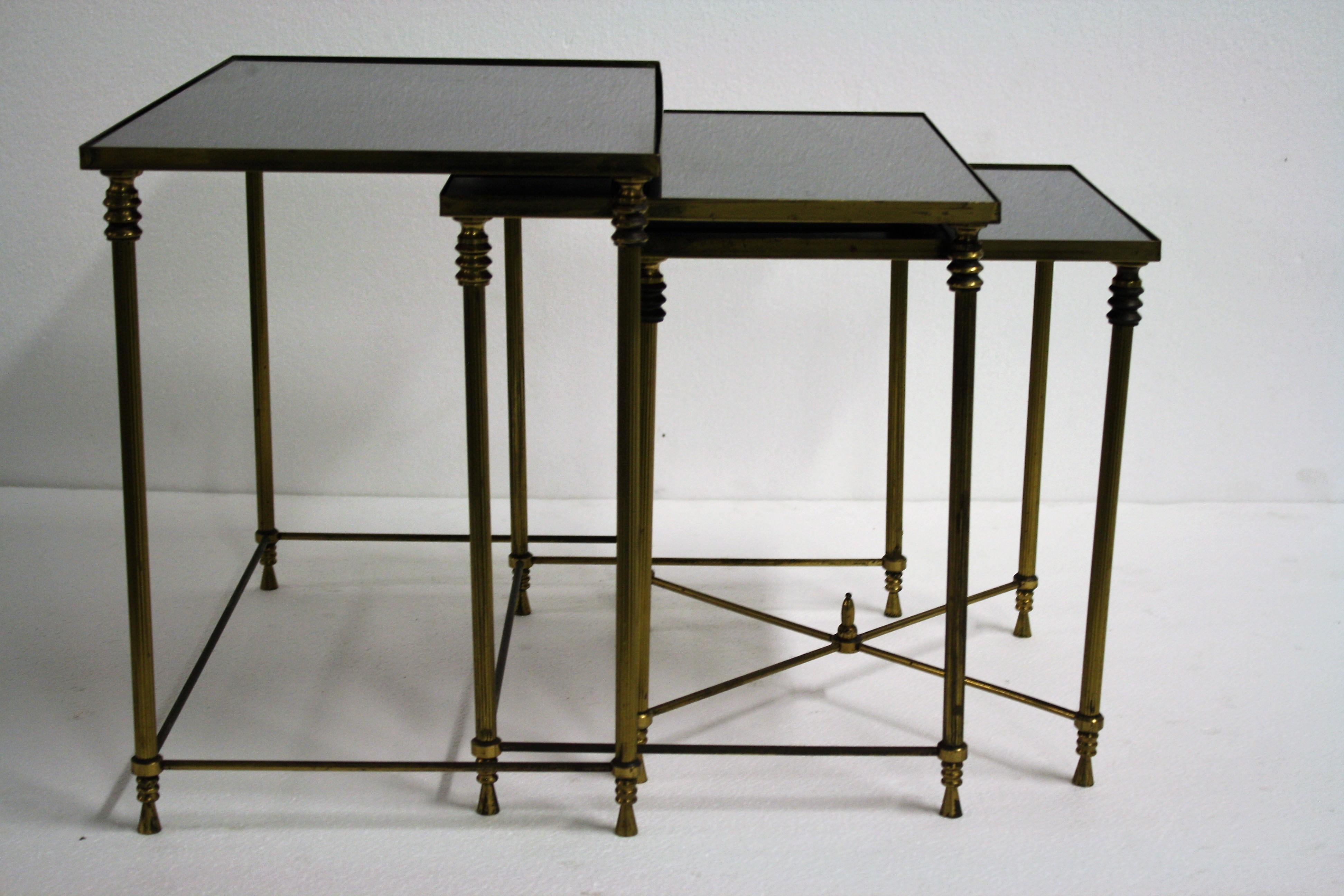 Patinated Set of Brass Neoclassical Nesting Tables, 1960s, France