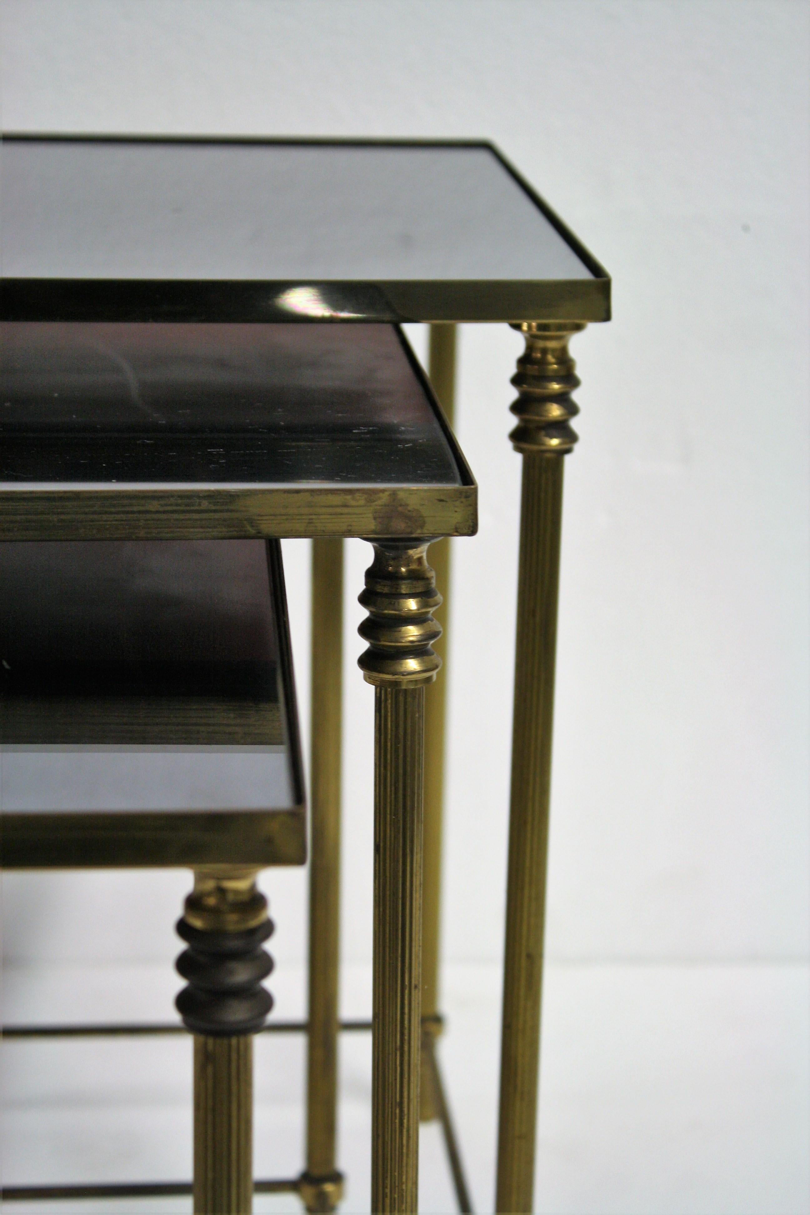 Smoked Glass Set of Brass Neoclassical Nesting Tables, 1960s, France