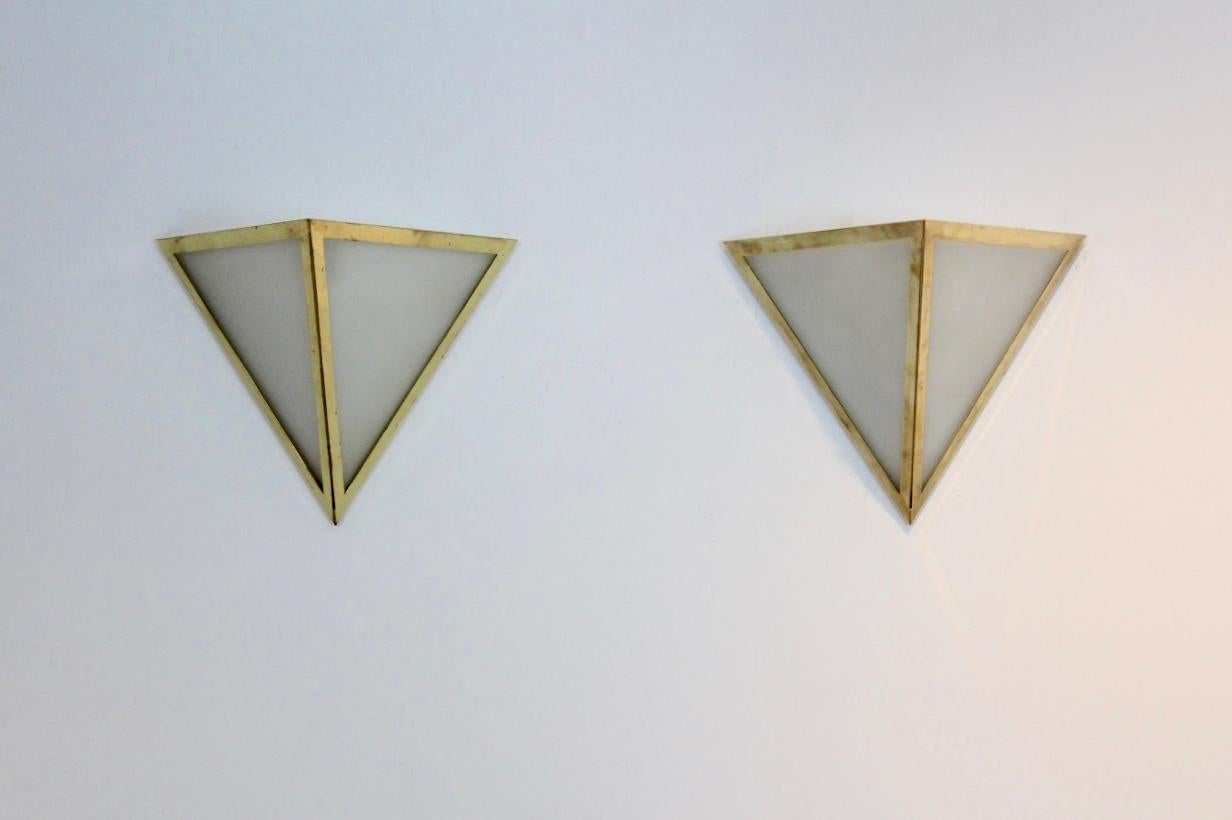 Set of Brass & Opal Glass Triangle Wall Sconces from Glashütte Limburg, Germany For Sale 2