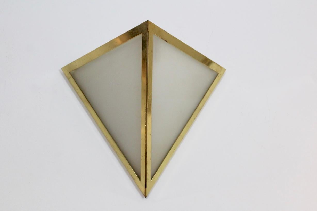 Set of Brass & Opal Glass Triangle Wall Sconces from Glashütte Limburg, Germany For Sale 3