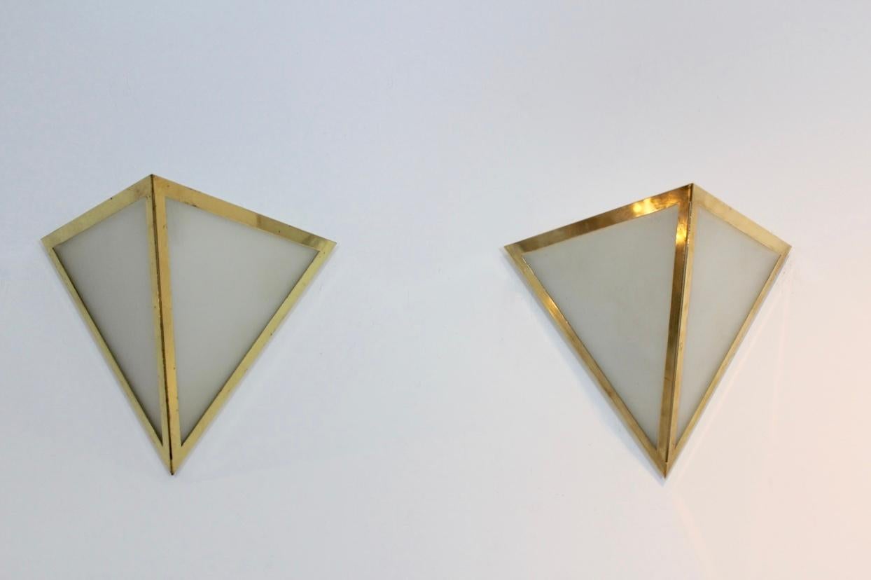 Mid-Century Modern Set of Brass & Opal Glass Triangle Wall Sconces from Glashütte Limburg, Germany For Sale
