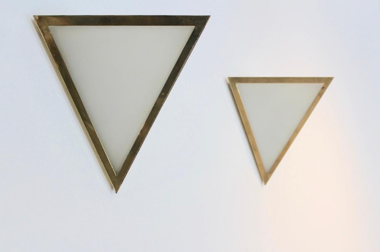 Set of Brass & Opal Glass Triangle Wall Sconces from Glashütte Limburg, Germany In Good Condition For Sale In Voorburg, NL