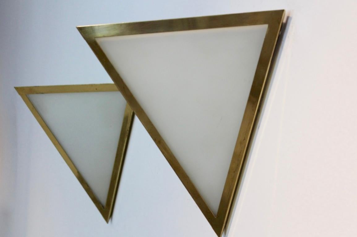 Set of Brass & Opal Glass Triangle Wall Sconces from Glashütte Limburg, Germany For Sale 1
