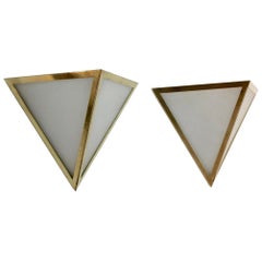 Set of Brass & Opal Glass Triangle Wall Sconces from Glashütte Limburg, Germany