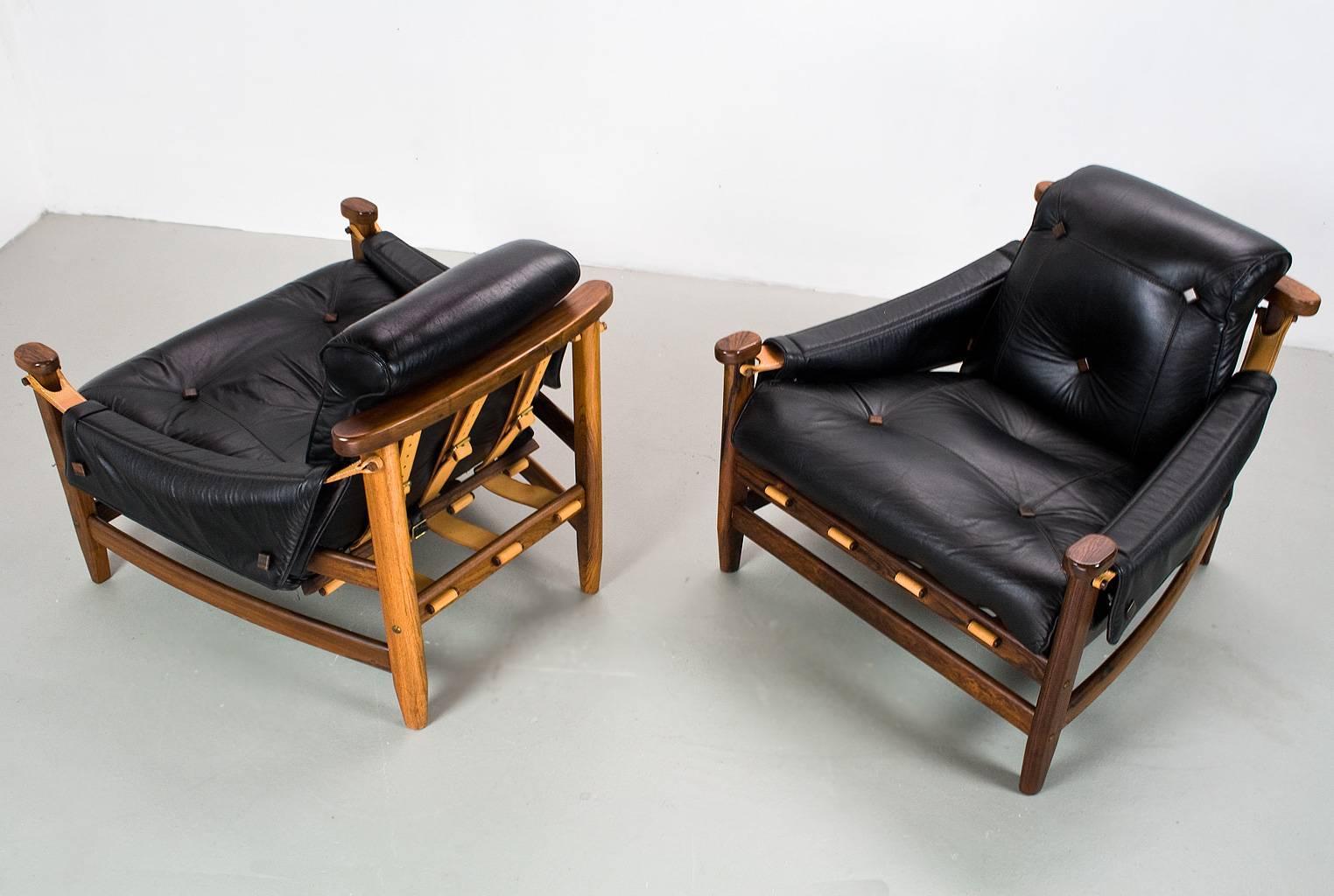 Mid-Century Modern Set of Brazilian Modern Jean Gillon Chairs 1960s in Jacaranda and black leather