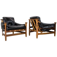 Set of Brazilian Modern Jean Gillon Chairs 1960s in Jacaranda and black leather