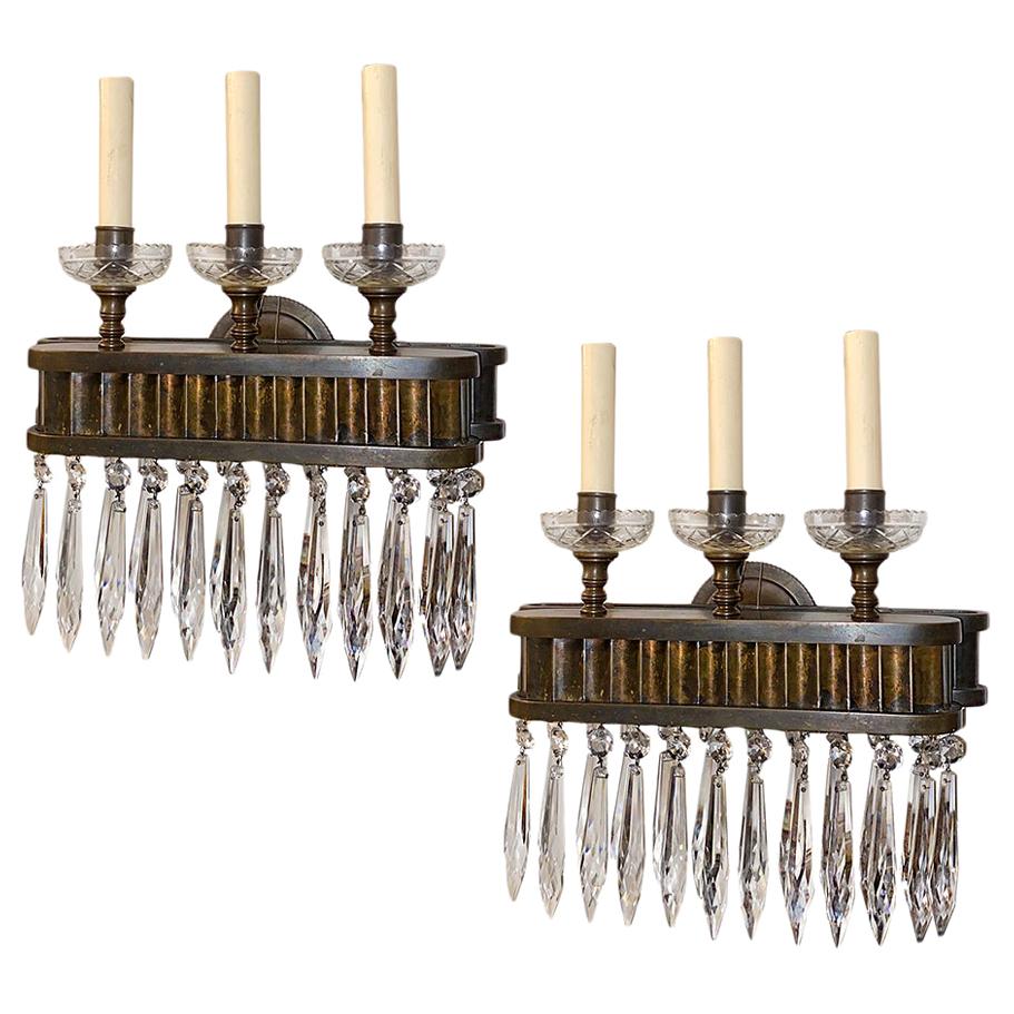 Set of Bronze and Crystal Sconces, Sold Per Pair For Sale