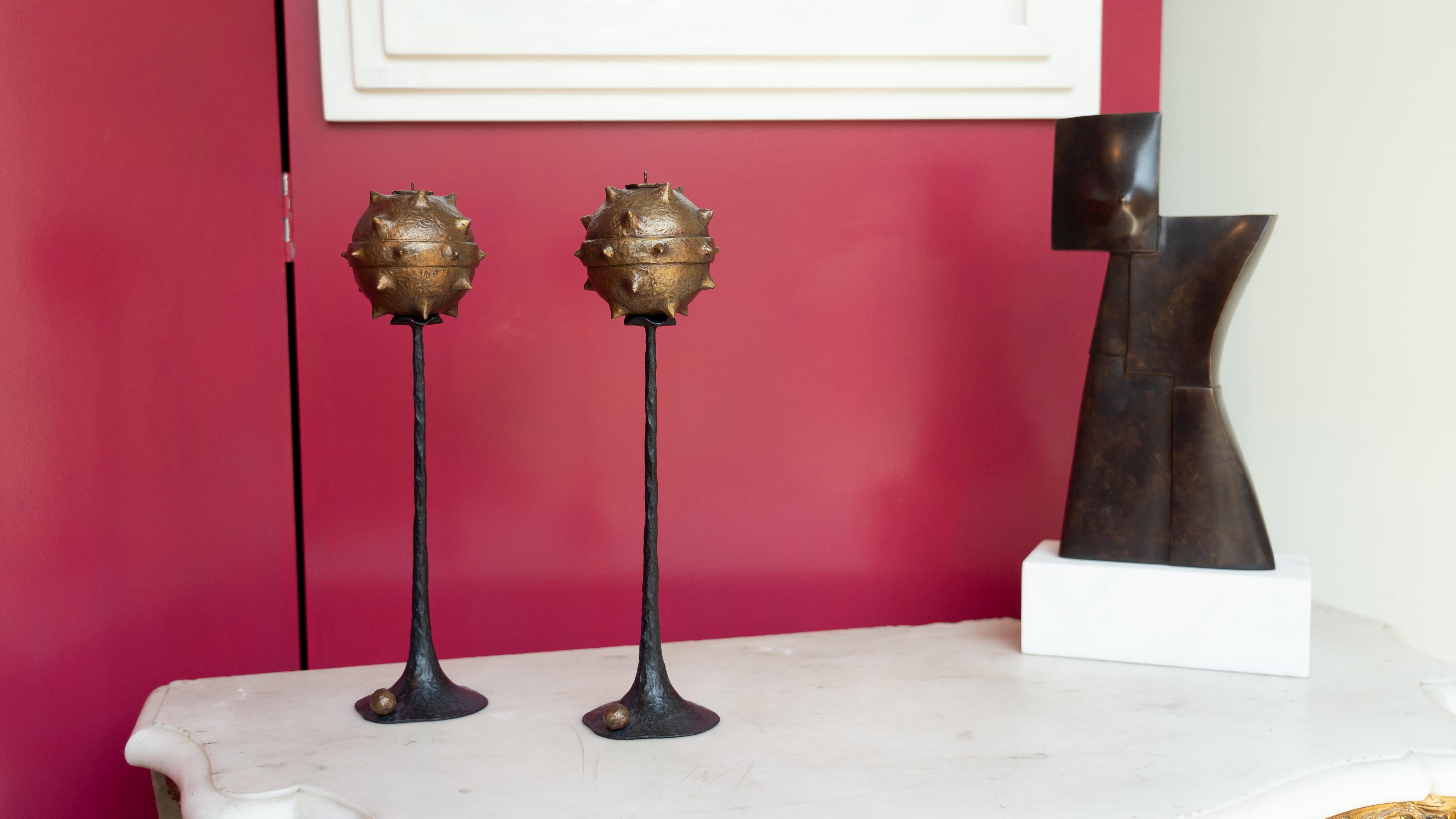Patinated Set of Bronze Candlesticks 